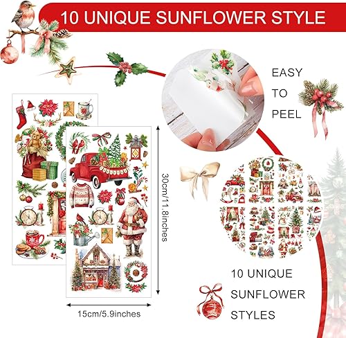 Miniatura 9 de Lincia 10 hojas de calcomanías de Navidad para manualidades y muebles, calcomanías de muñeco de nieve, vintage, Biblia, reno, gnomo, otoño, para