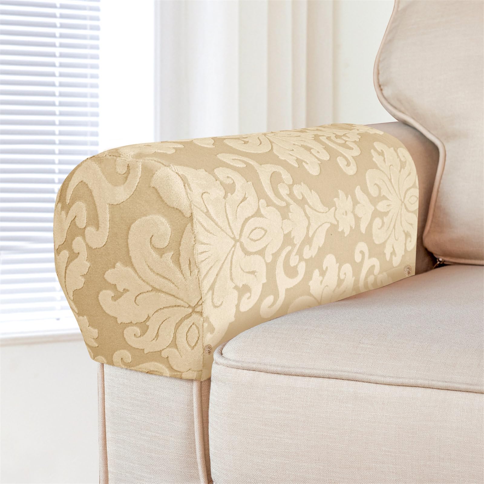 Hearda European Jacquard Sofa Armrest Protectors 2/4/6PCS, Armrest Covers Stretchy Chair Couch Arm Protector Stretch Fit, Sofa Arm Caps Slipcovers, for Sofas, Non-Slip Armchair (Beige,4PC)