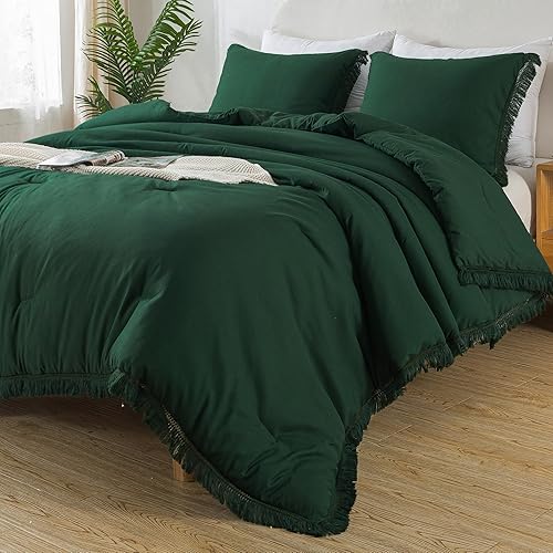 Andency Juego de edredón verde esmeralda oscuro, tamaño King, juego de ropa de cama bohemio ligero con borlas, juego de ropa de cama con flecos