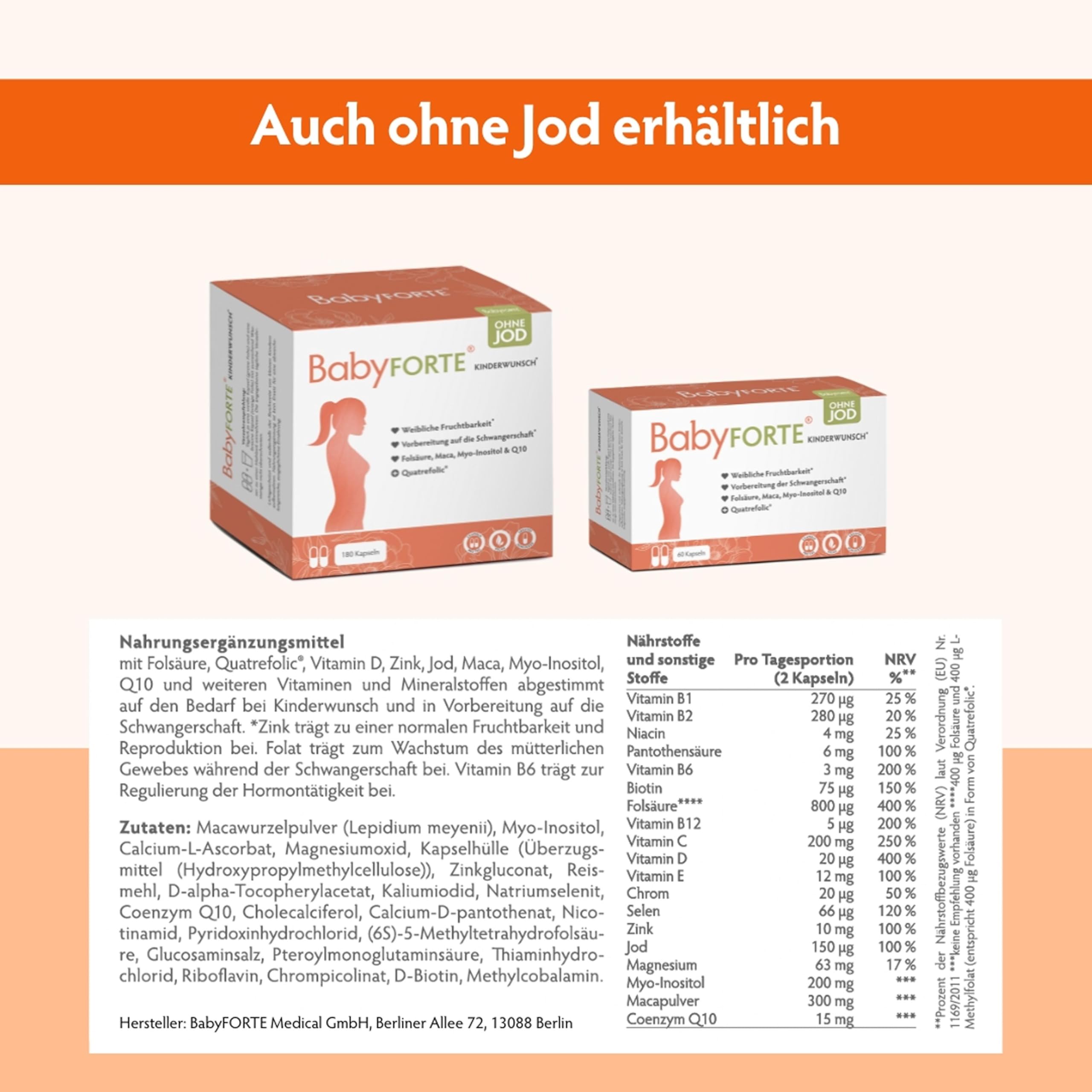 BabyFORTE Kinderwunsch Tabletten | vegan | Folsäure 800 μg, Quatrefolic®, Maca, Inositol, Jod | 180 Kapseln | Vitamine Schwangerschaft