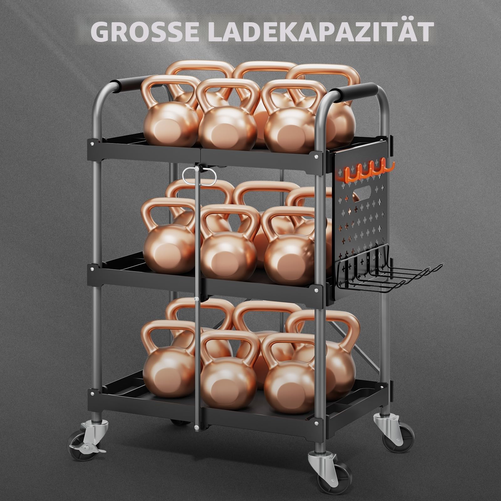 KINGRACK 3-Ebenen servierwagen klappbar mit Rollen ergonomischem Griff, klappbar Allzweck-Dienstwagen mit Organizer-Regal, praktisch für Haushalt, Büro, Garage, Lager Reparaturwerkstatt, schwarz.