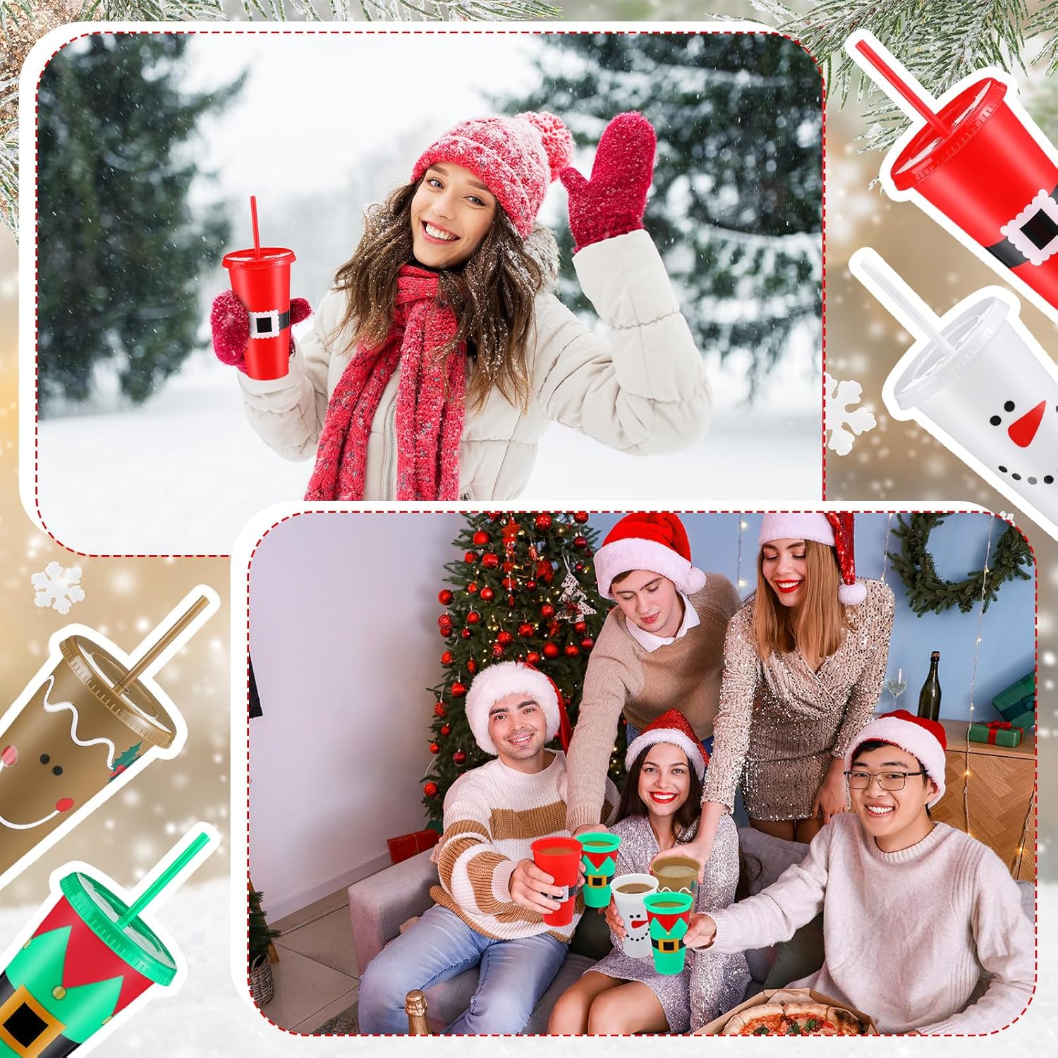 Skylety 24 Pcs Reusable Christmas Cups Bulk Plastic Coffee Cups Travel Mug 24 oz 4 Styles Christmas Reusable Tumbler with Lids and Straws for Wine Hot Cold Drinks Xmas Party Supply