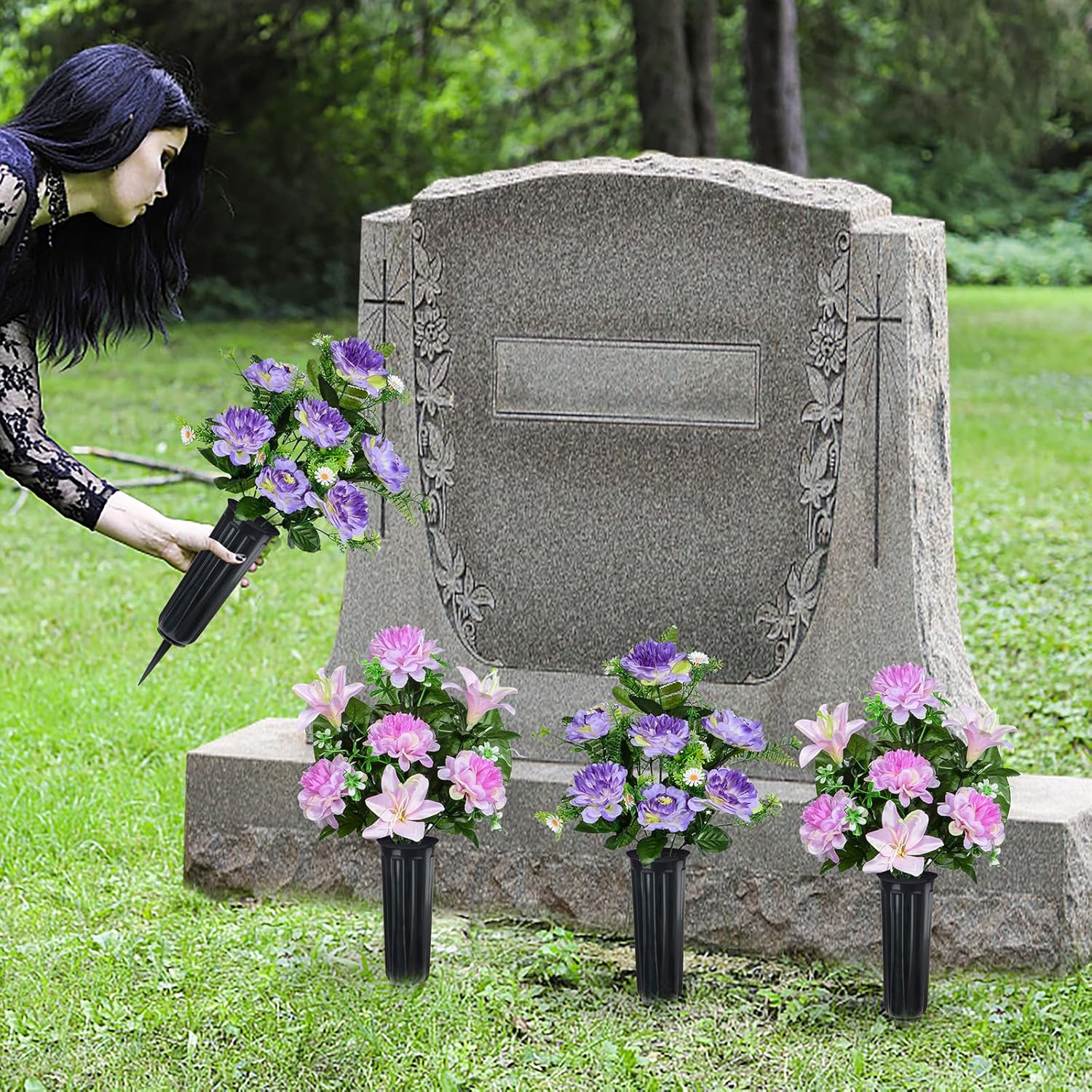 Set of 4 Artificial Cemetery Flowers, Memorial Flowers Graveside Decoration with Vase for Mother's Day Memorial Day Arrangements (Purple, 7Heads)