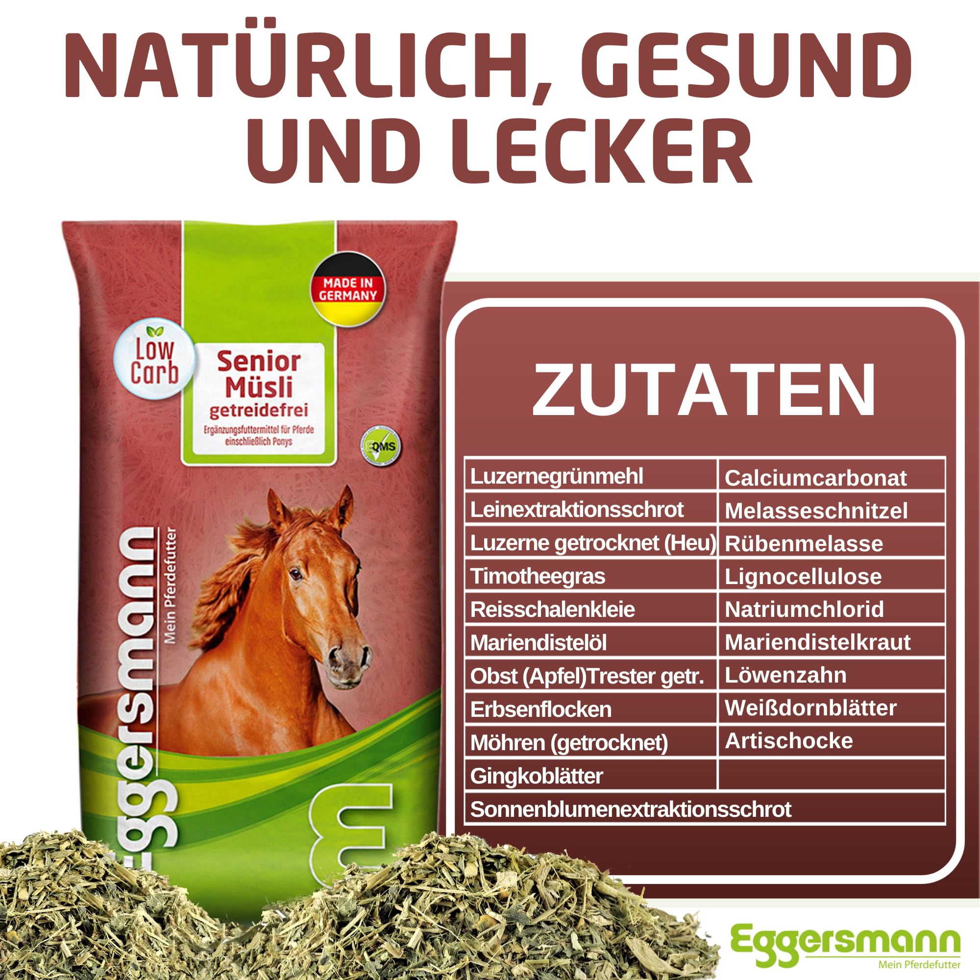 Eggersmann Pferdemüsli Senior getreidefrei - 15kg Natürliches getreidefreies Pferdefutter mit erhöhtem Energiegehalt - Pferdefutter ideal für stoffwechselkranke Pferde