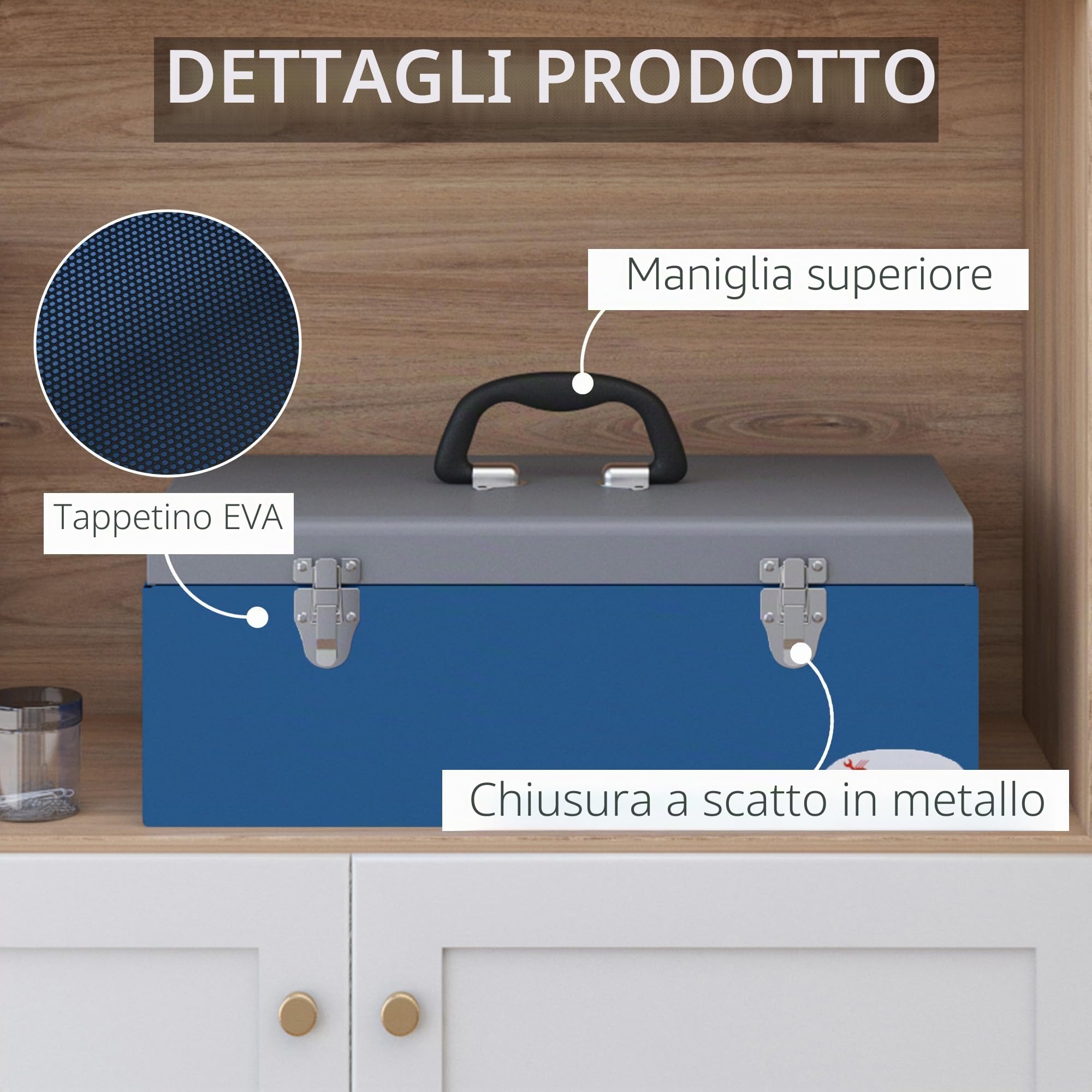 DURHAND Cassetta attrezzi portatile in metallo 50x26x18,5 cm blu | 3 maniglie, 2 chiusure.