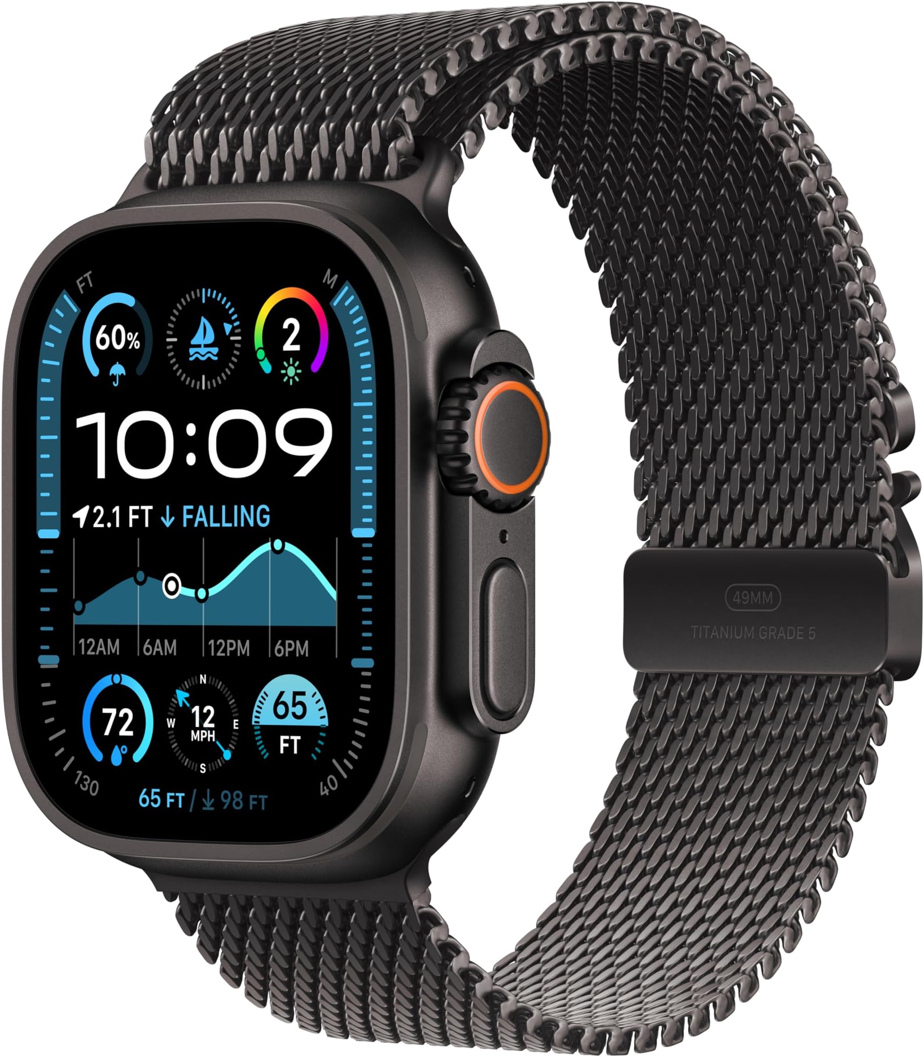 Apple Watch Ultra 2 [GPS + Cellular 49mm] Smartwatch, Sport Watch with Black Titanium Case with Black Titanium Milanese Loop - Large. Fitness Tracker, Precision GPS, Action Button, Carbon Neutral