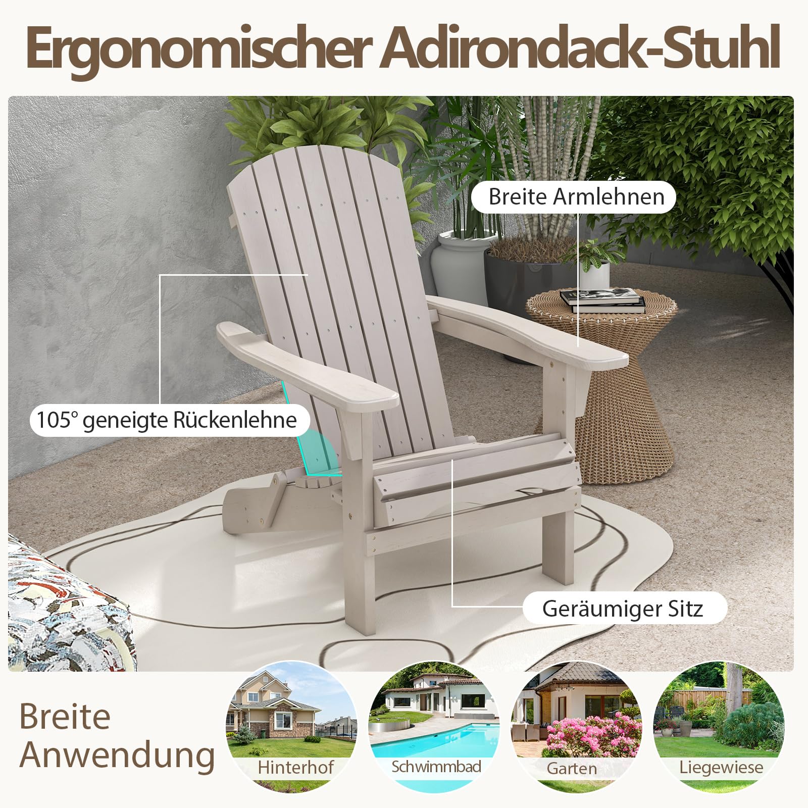 COSTWAY Adirondack Stuhl klappbar, 2er Set, Adirondack Chair aus Holz, Gartensessel mit hoher Rückenlehne & Breiten Armlehnen für Garten, Terrasse, 180 kg Tragfähigkeit, Grau
