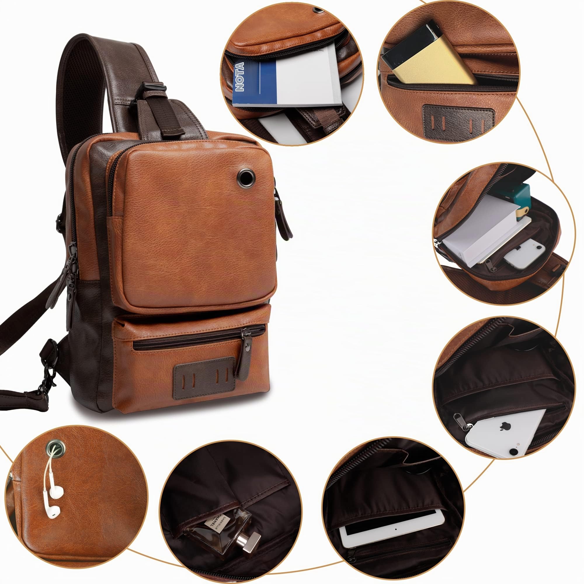 AONEGOLD Bolso Pecho Hombre Pequeña Piel Vintage Mochila de Cuero PU Bandoleras Cruzada Sling Bag Crossbody Puerto de Carga USB Bolsos Cruzados