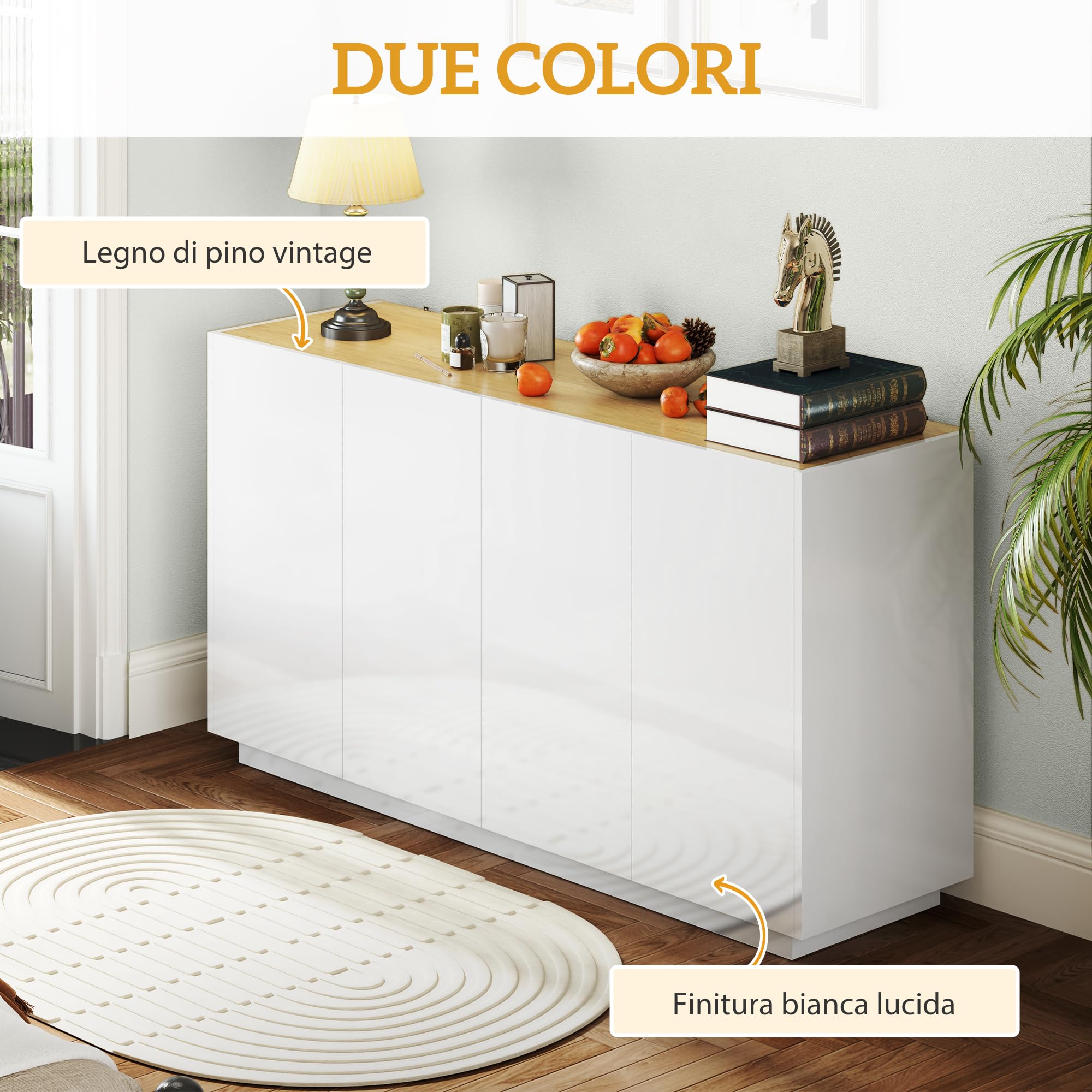 HOMCOM Credenza Soggiorno con Armadietti a 2 Ante, Madia Soggiorno Moderna con Ripiani Regolabili e Chiusura Ammortizzata, per Sala da Pranzo e Soggiorno e Salotto, 140x40x75 cm, Bianco Lucido