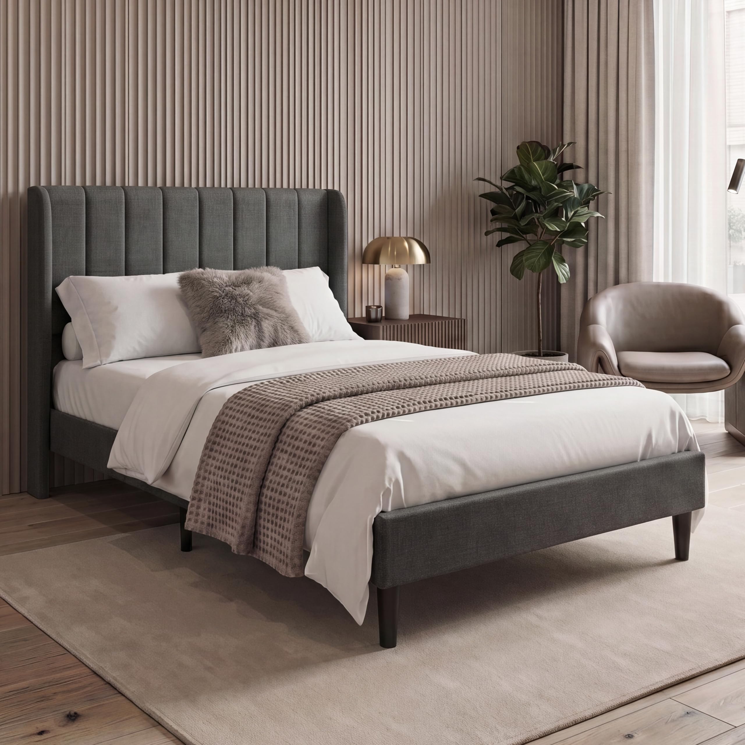 Vida Designs Vianna King Fabric Bed Frame | Dark Grey Linen | 104H x 158.5W x 208D cm | Soft Cushioned Headboard | Underbed Storage | Slatted Base | Minimalist Style