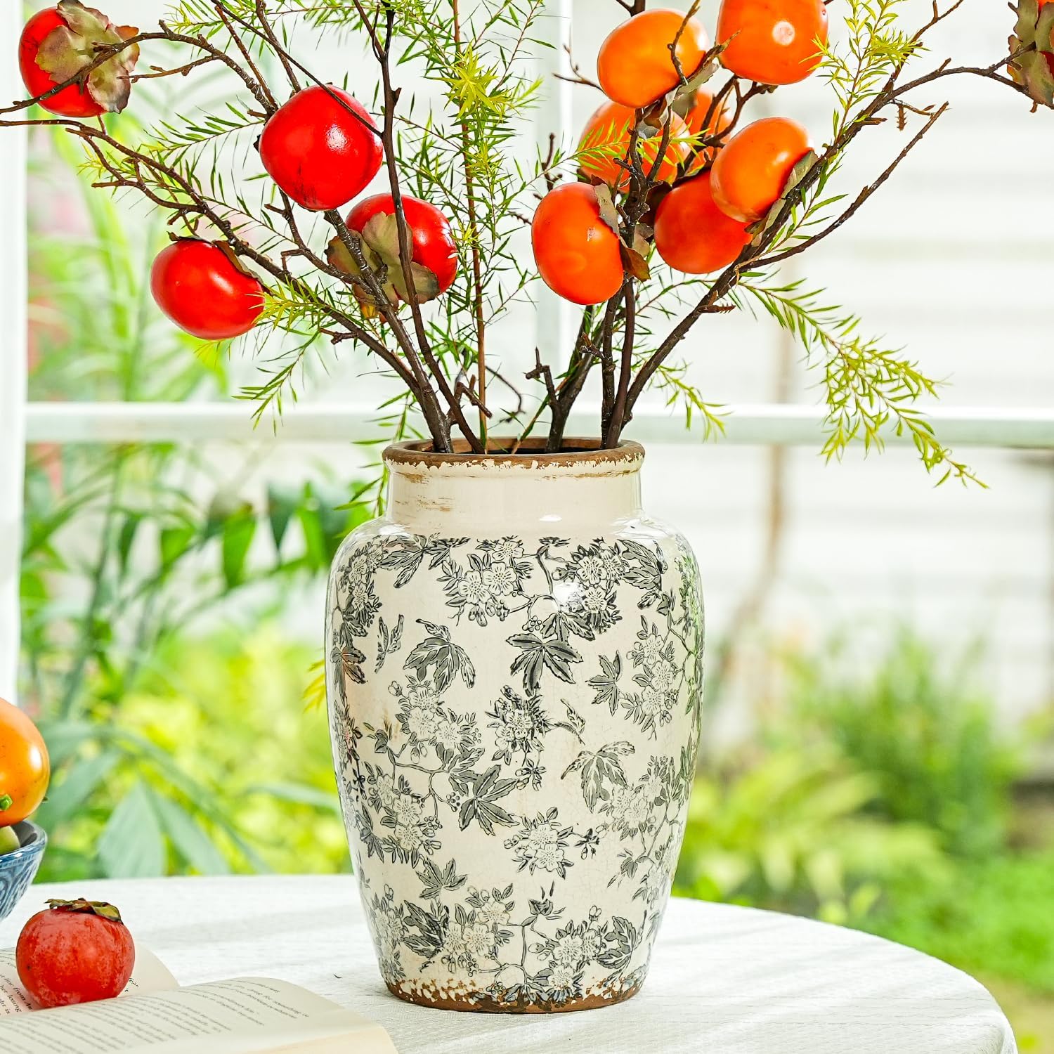 Sungmor Ceramic Flower Vase, Vintage Ice Cracked Glaze Porcelain Vase, Pretty Home Decor Vase for Flower Arrangement, Fresh Flowers, 10.2 Inch Tall Chinoiserie Pottery Vase, Gray Floral Pattern - Image 2