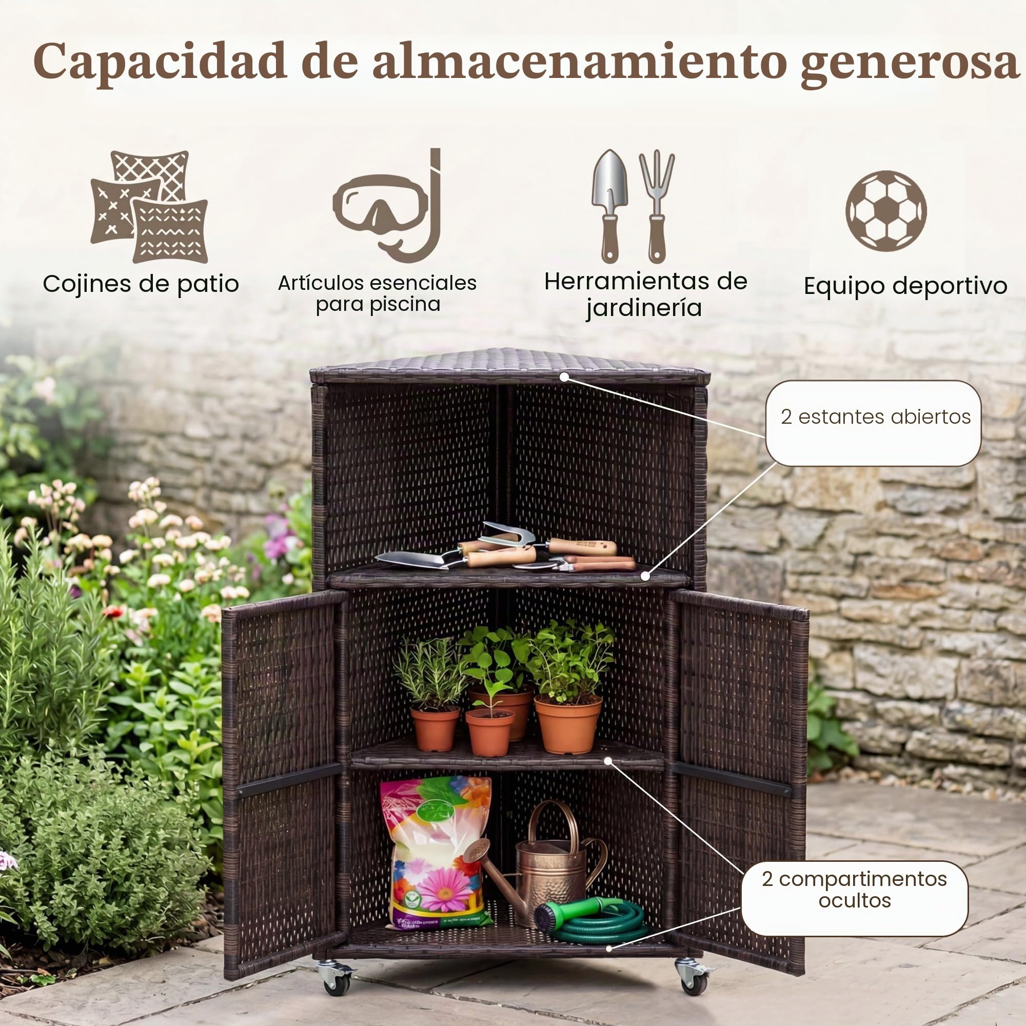 LIFEZEAL Armario de Exterior de Ratán con 2 Niveles y Puertas | Aparador Rodante para Patio Jardín Terraza, Compartimento Abierto, 65x47x111 cm, Resistente al Agua