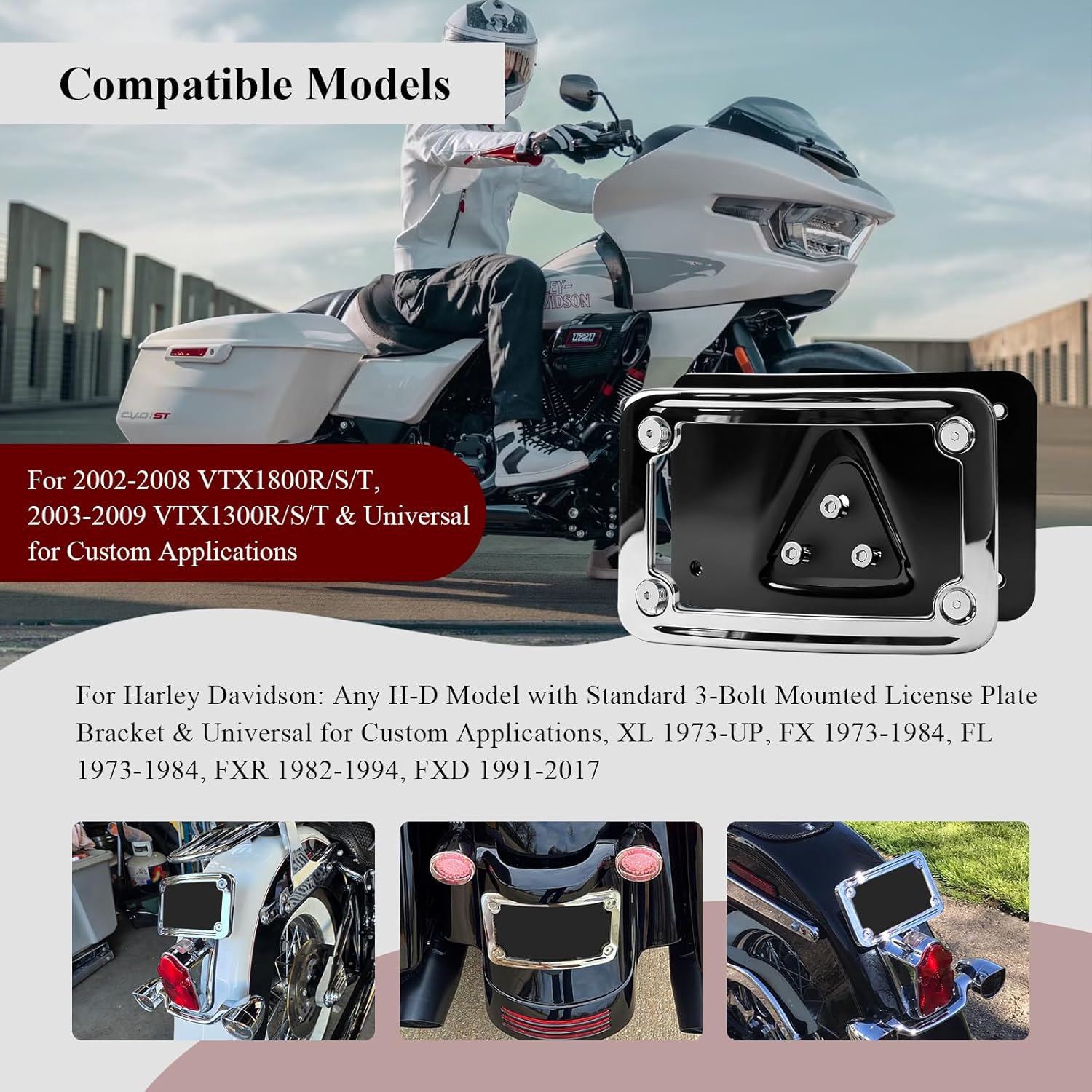 3148 Chrome 3 Hole Curved Laydown License Plate Mount Bracket w/Frame, Fit for All Harley Davidson Model w/Standard 3-Bolt Mounted License Plate Bracket, 02-08 VTX1800R/S/T, 03-09 VTX1300R/S/T