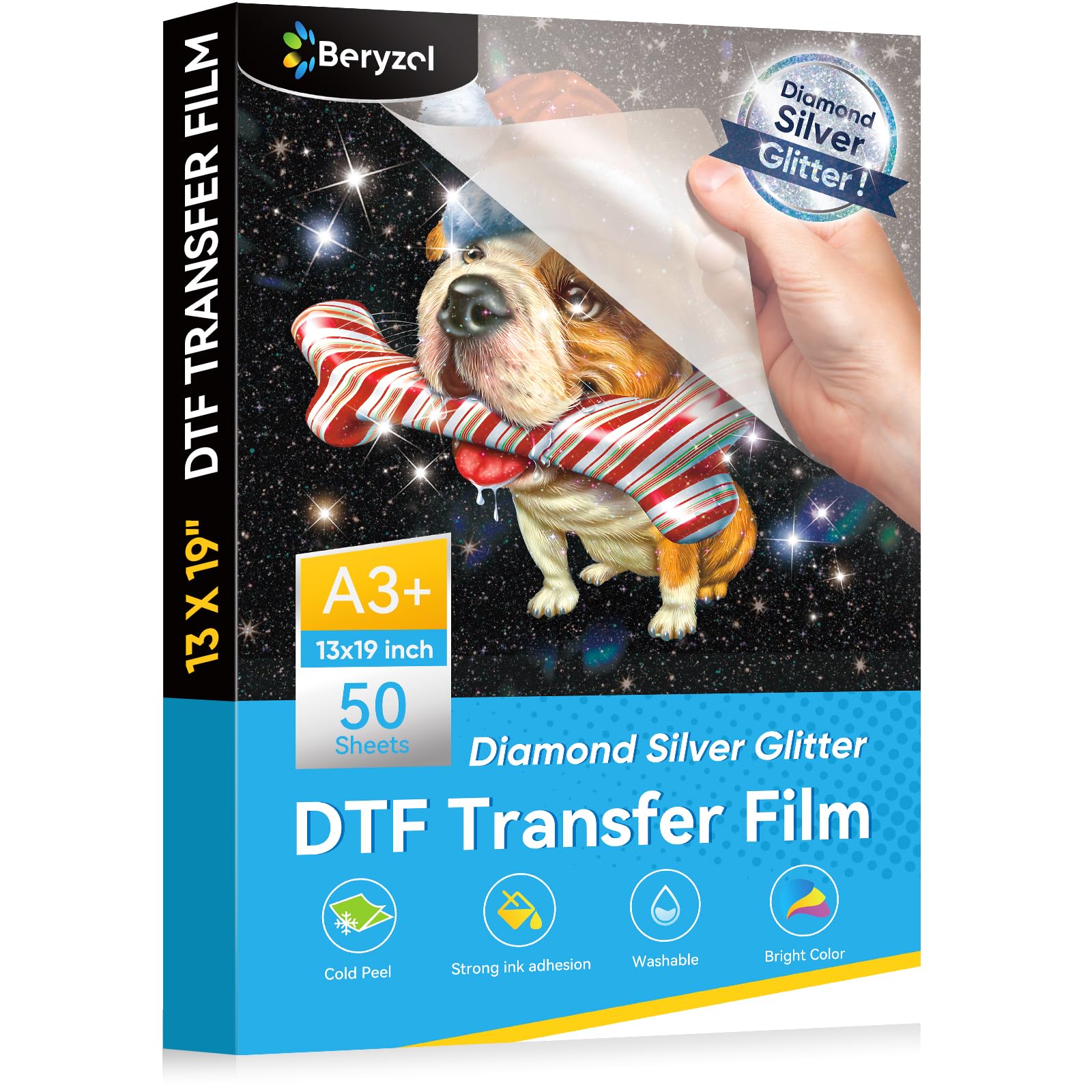 DTF - Película de transferencia con purpurina plateada: A3+ 33 x 48 cm, 50 hojas, papel de transferencia recubierto con polvo de purpurina para impresión directa en camisetas textiles