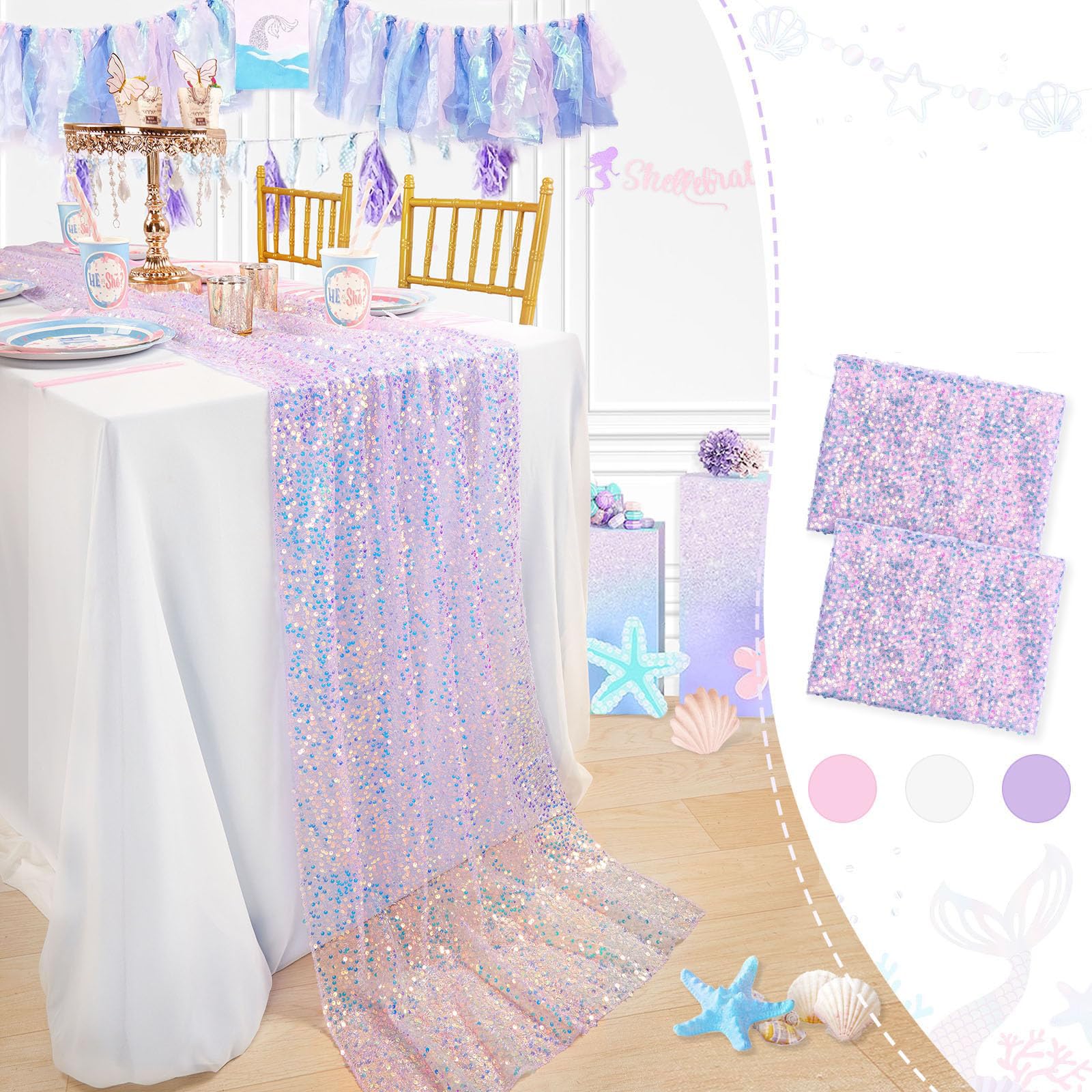 Chemin de table violet pailleté sirène grand format 63 x 300cm pour fête lot de 2