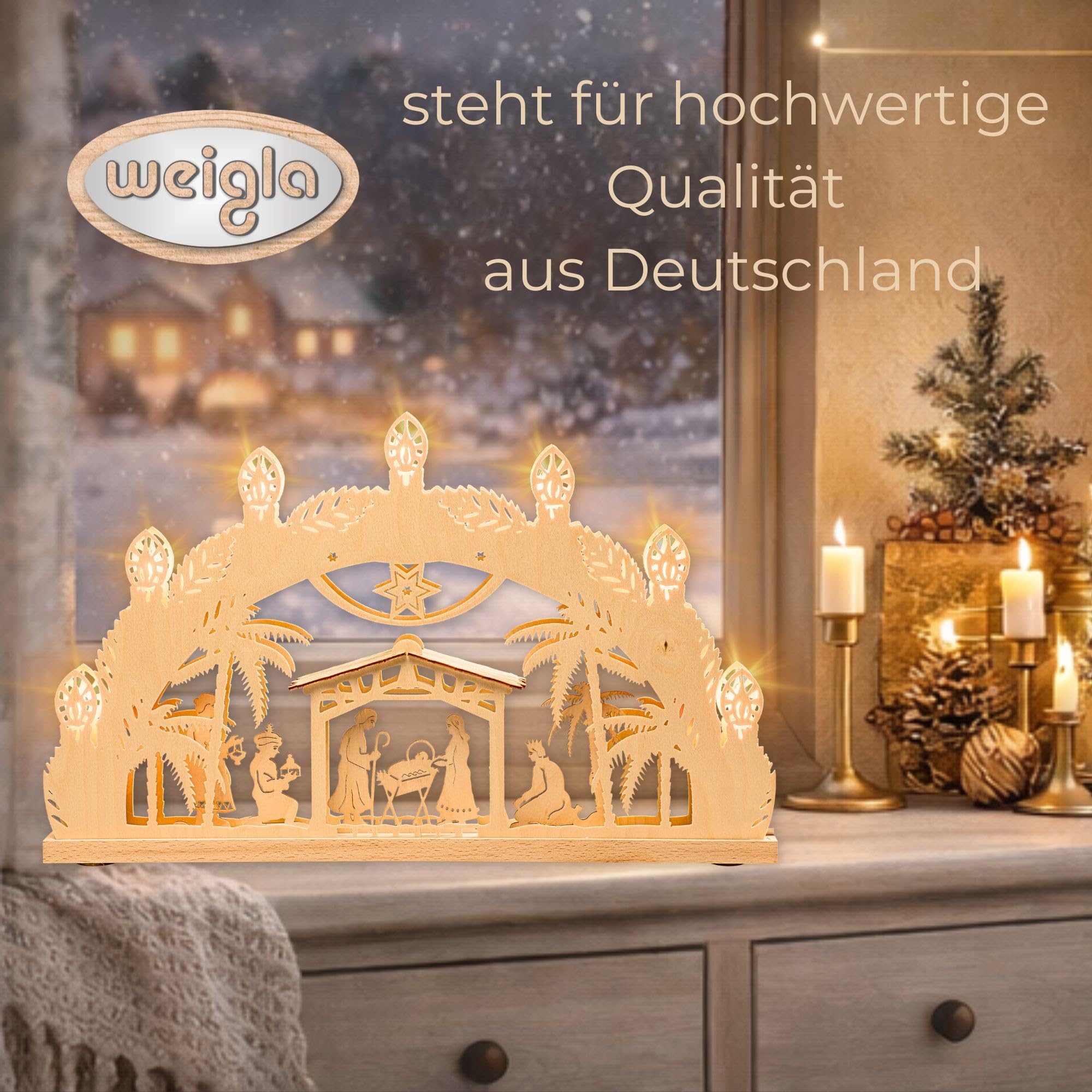 weigla - Schwibbogen original Erzgebirge I Lichterbogen Weihnachten I Motiv Betlehem I 7 Lampenkerzen + 1 Ersatzlampe I 7 x 34 V, 3 W, E10 I beleuchtete Weihnachtsdeko innen