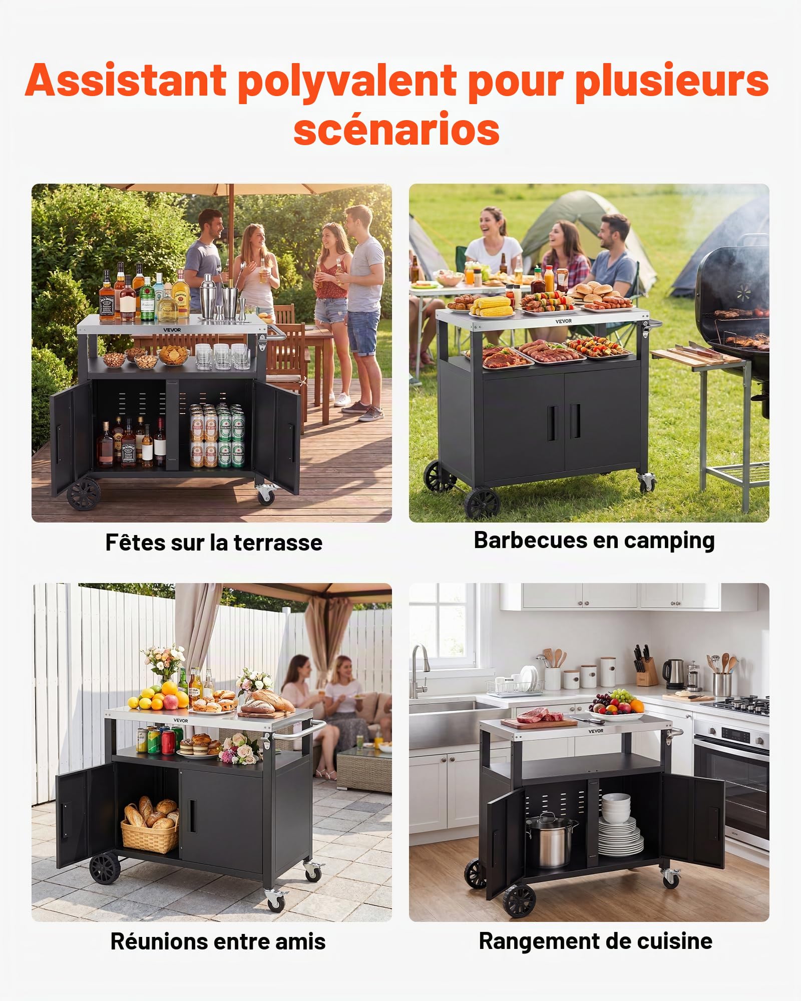 VEVOR Desserte Plancha Extérieure 92,4 cm, Chariot de Barbecue avec Plateau en INOX et Placard, pour BBQ Jardin Terrasse, Plan de Travail Mobile pour Cuisine d'Été, Table de Barbecue avec roulettes