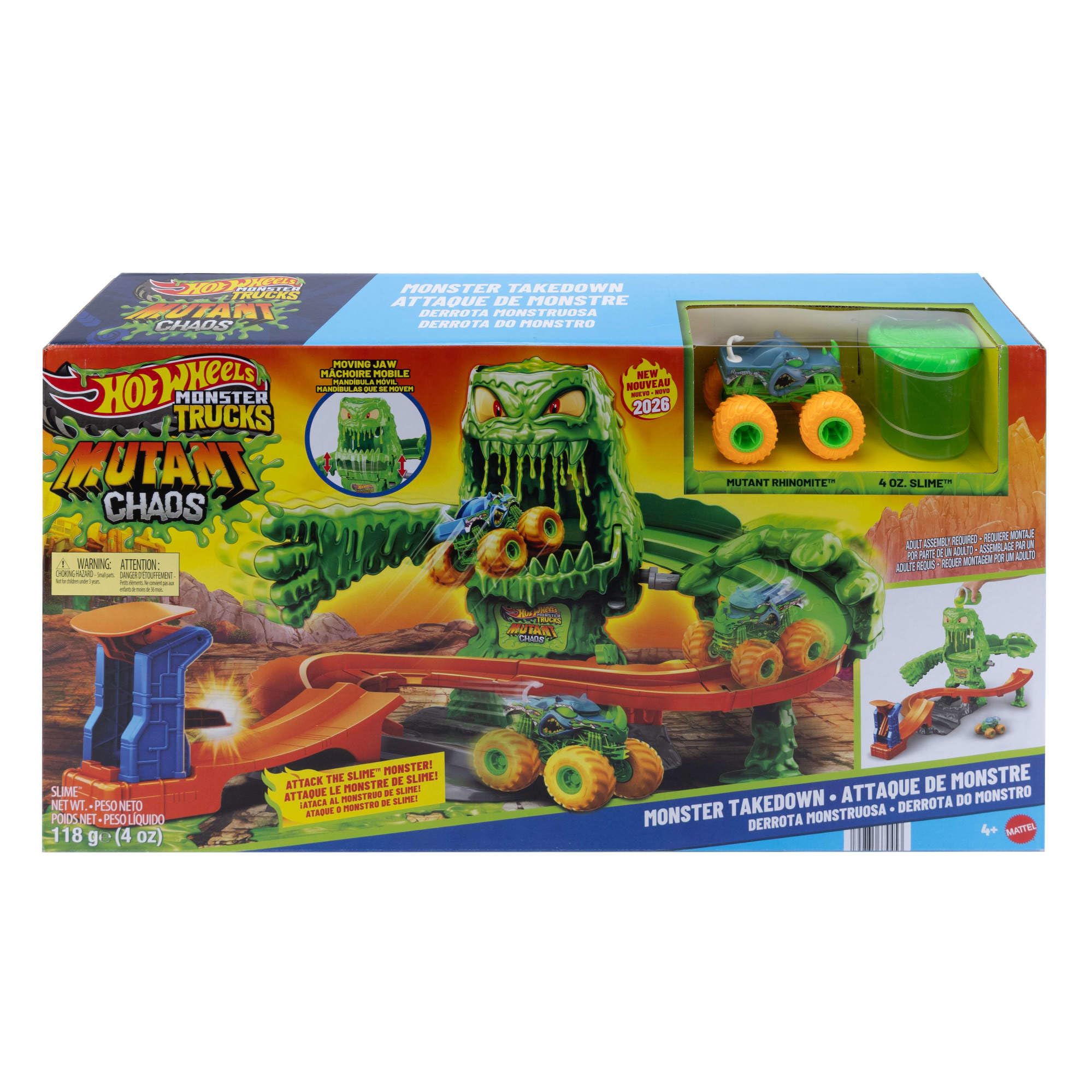 Hot Wheels Monster Trucks Mutant Monster Takedown Playset | Playset con modello camion con Mutant Rhinomite in scala 1:64 e 113,4 g di Slime™ riutilizzabile, JMK90