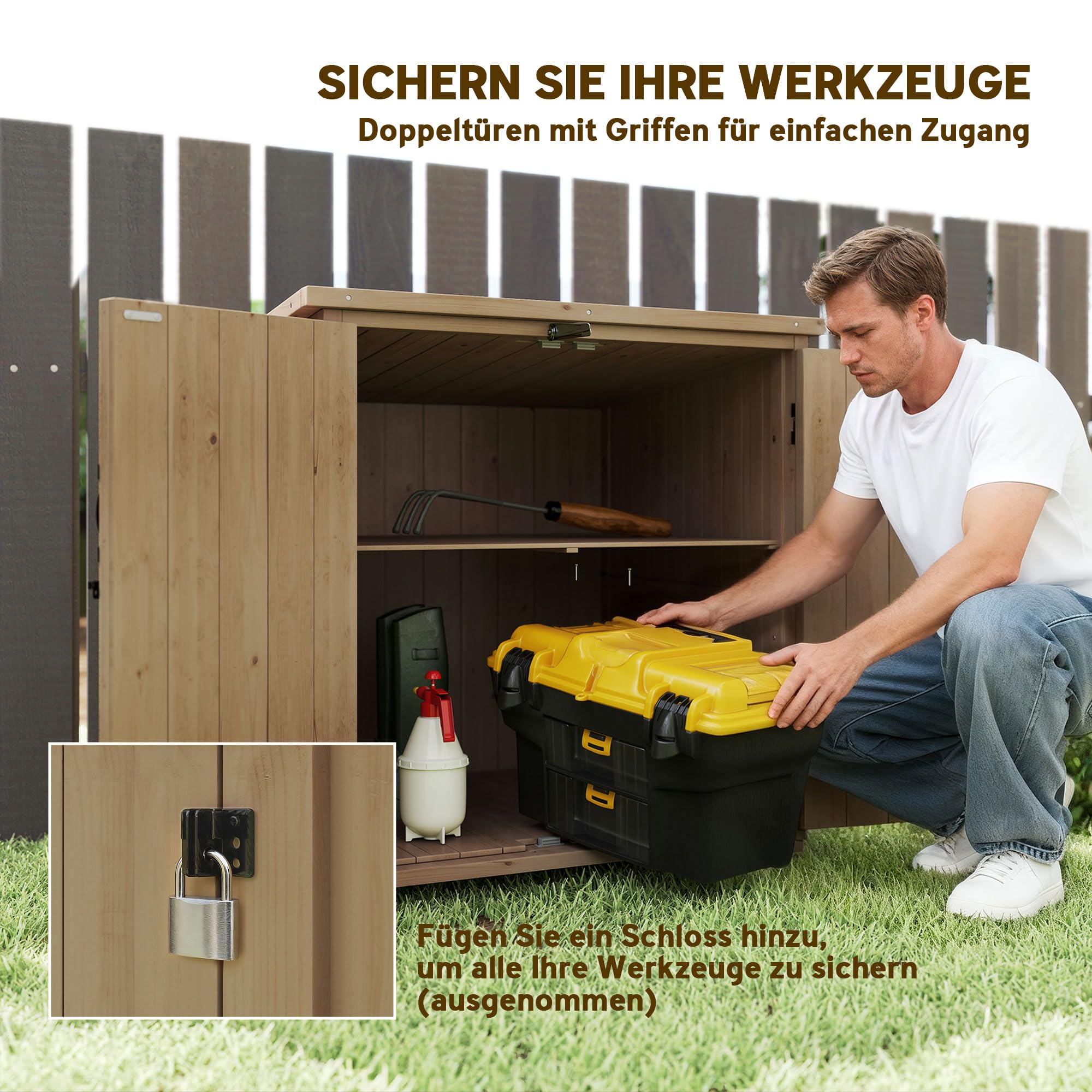 Outsunny Gartenschrank Holz, Geräteschrank, Outdoor wetterfest Geräteschuppen, Holzschrank mit Doppeltür, Mehrzweckschrank für Garten, Balkon, Natur