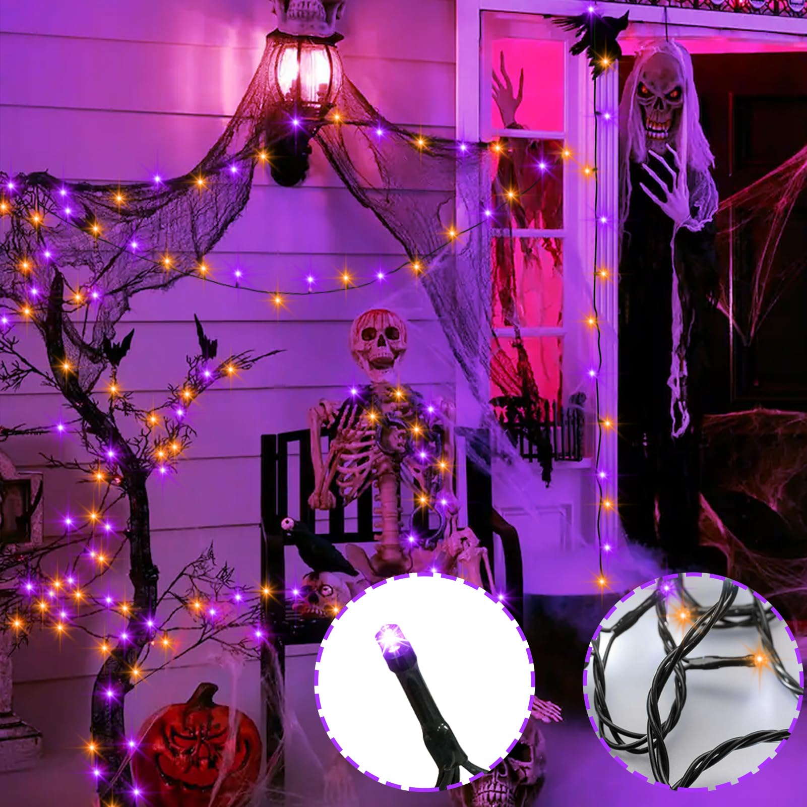 Zestaw 4 fioletowych i pomarańczowych łańcuchów świetlnych na Halloween, 50 diod LED, z timerem, 8 trybów oświetlenia, zasilany bateryjnie, na imprezę, podwórko, patio