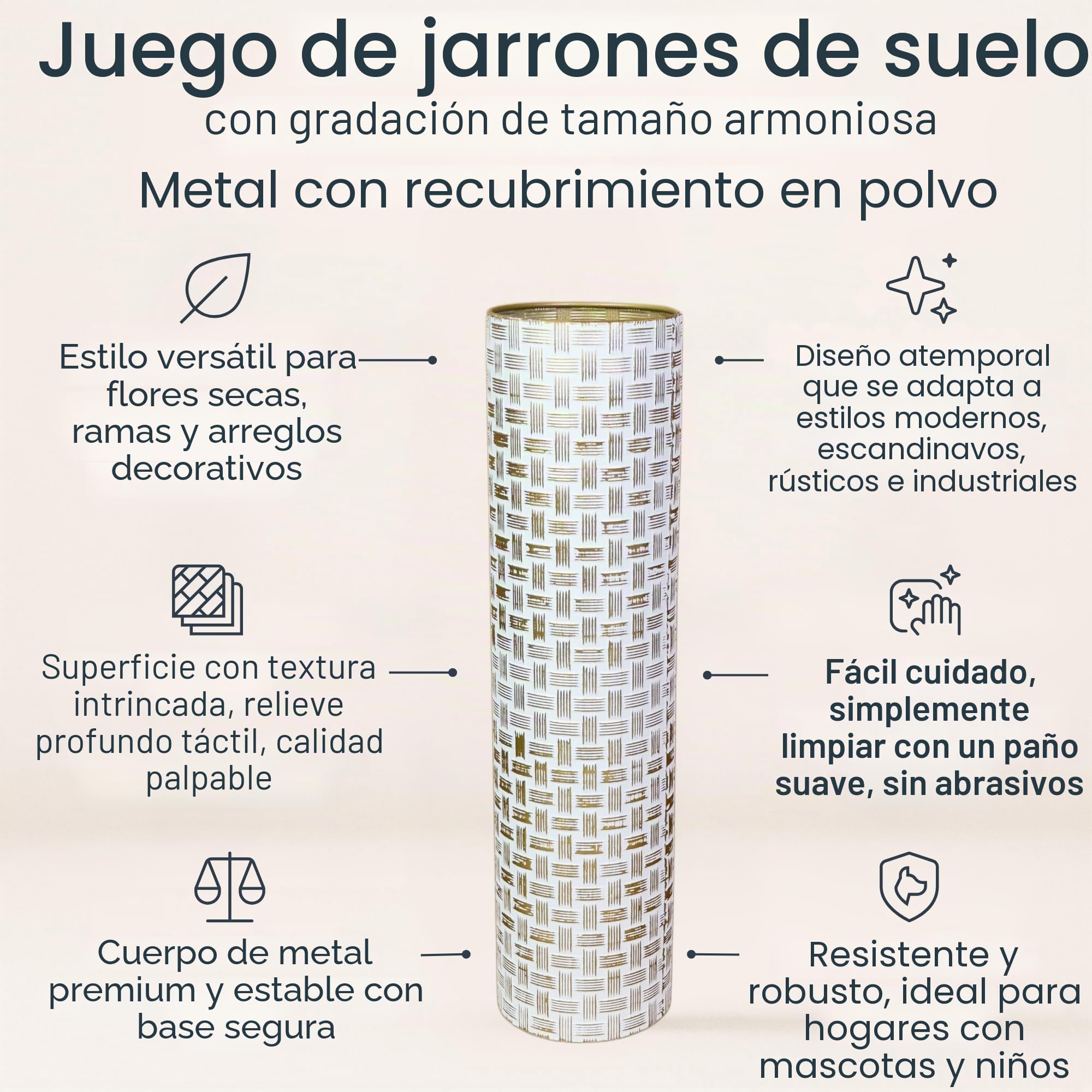 Leewadee Set de 2 Grandes Jarrones de Suelo Metal para Pampa | 2 Jarrones Deco para el Salón, en pareja junto a chimenea & TV para Pampa & ramas. Irrompible, sin astillas