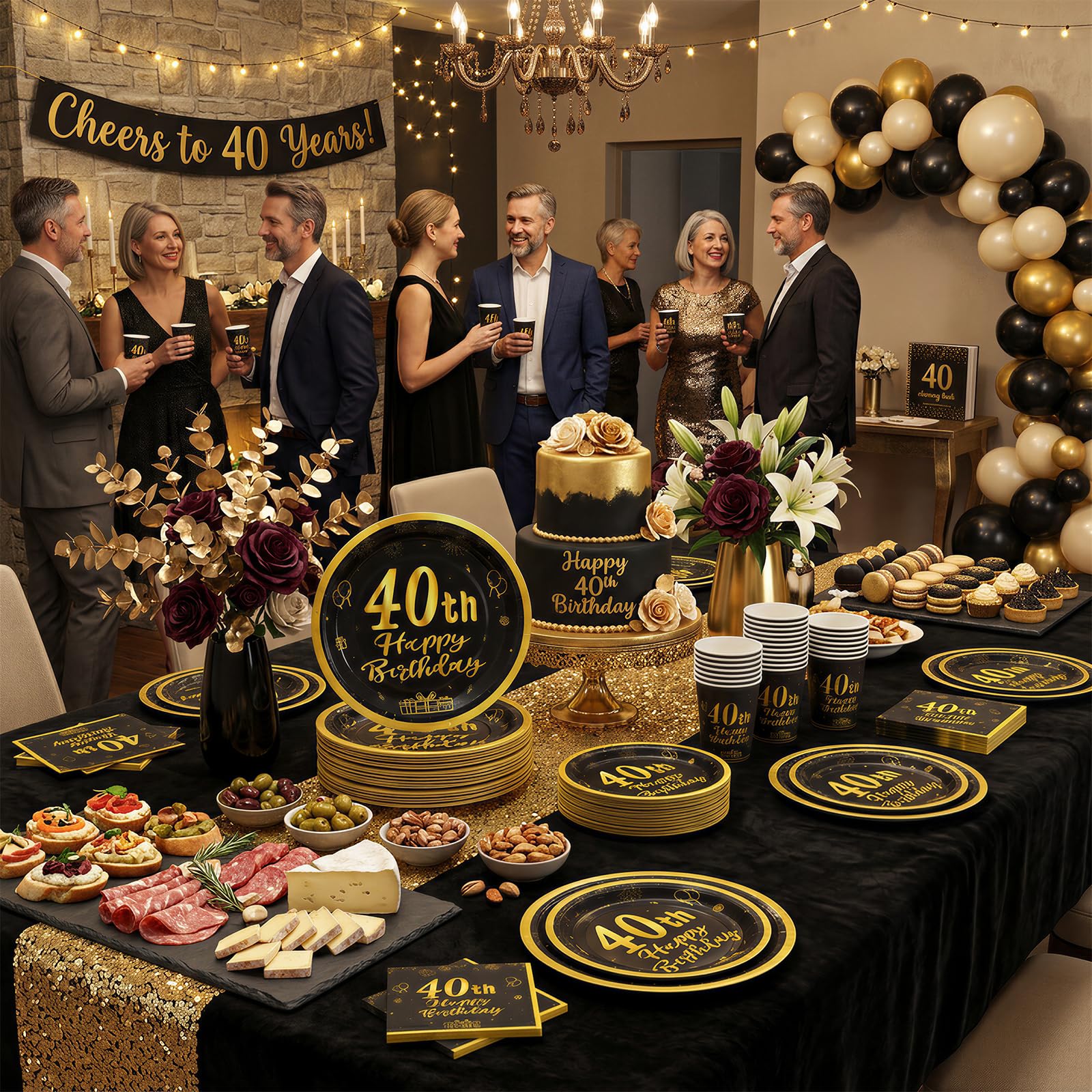 96 Pezzi Set Stoviglie Compleanno 40 Anni, Servizio 24 Persone, Piatti, Bicchieri, Tovaglioli e Biglietti di Auguri