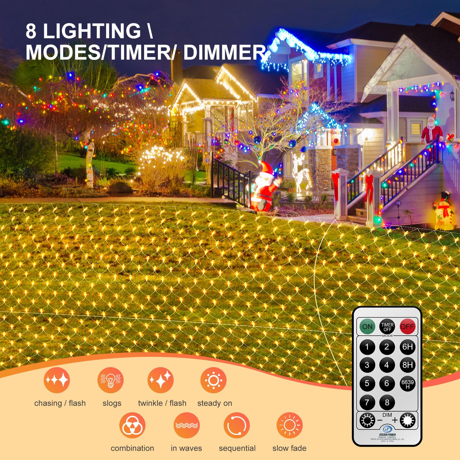 THKFUL 6x3M Lichternetz Außen mit Stecker- Lichterkette Netz mit Fernbedienung Timer- Kristall 408LED Garten Baum lichterkette Aussen-Wasserdichte für Büsche Zaun, Hinterhof(Warmweiß) (Packung mit 6)