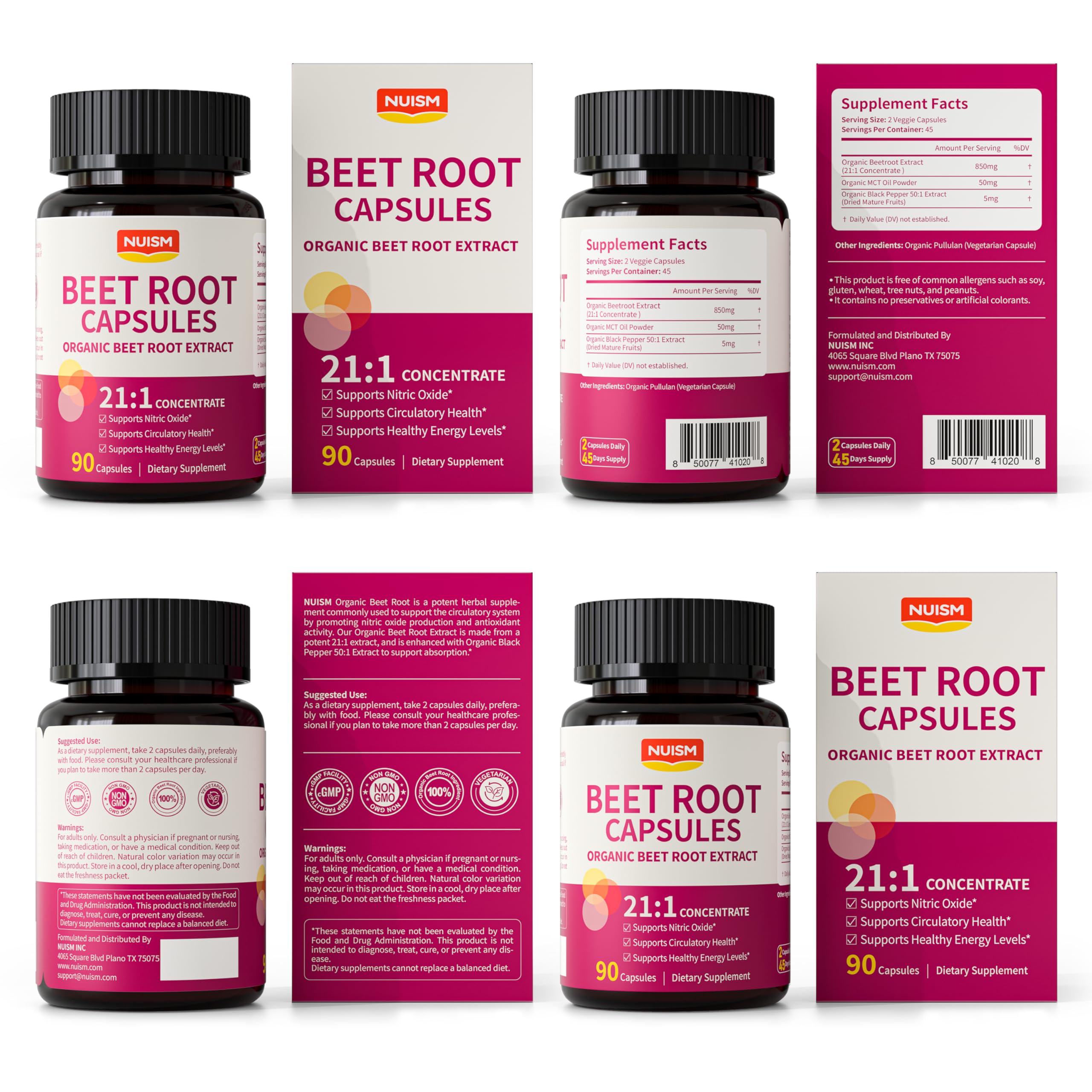 NUISM Organic Beet Root Capsules - Beetroot Extract 21:1 Concentrate Beets Supplements for Nitric Oxide, Healthy Blood Pressure, Blood Flow Circulation, Energy Gluten-Free 90 Powder Caps - 3