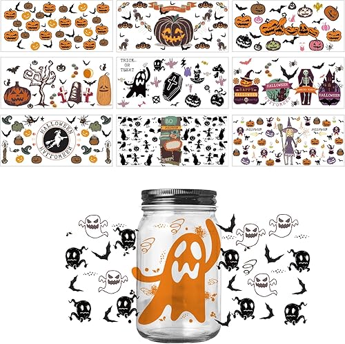 10 piezas DTF Cup Wrap Transferencia Stcikers, Halloween Rub on Transfer Stcikers Impermeable DTF Adhesivo de transferencia para manualidades, vasos
