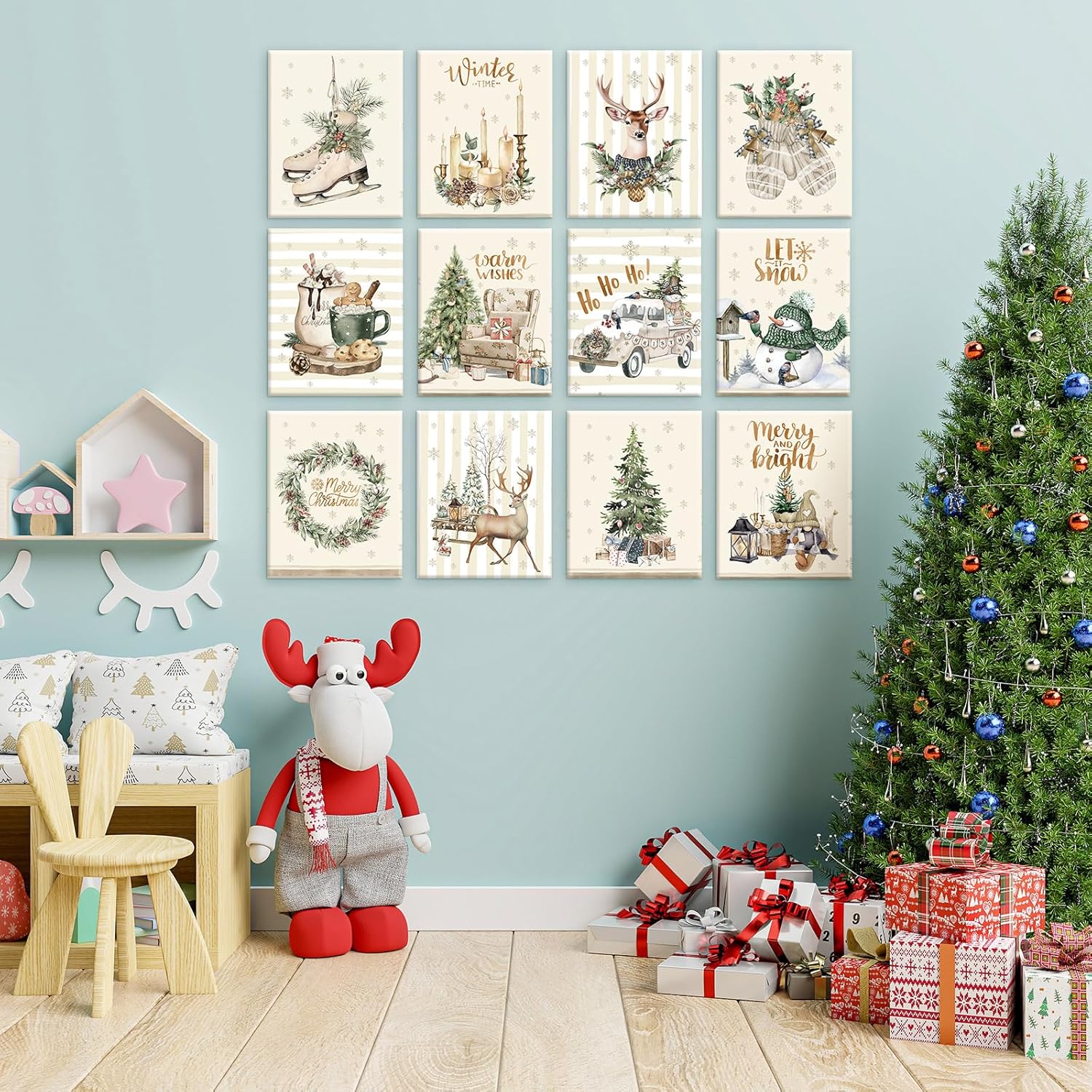 Kosiz 12 Sets Christmas Pre Drawn Canvas to Paint Xmas Stretched Coloring Painting Canvas Panels with Design Easel and Brushes for Party Supplies Beginner Favor Holiday Gifts