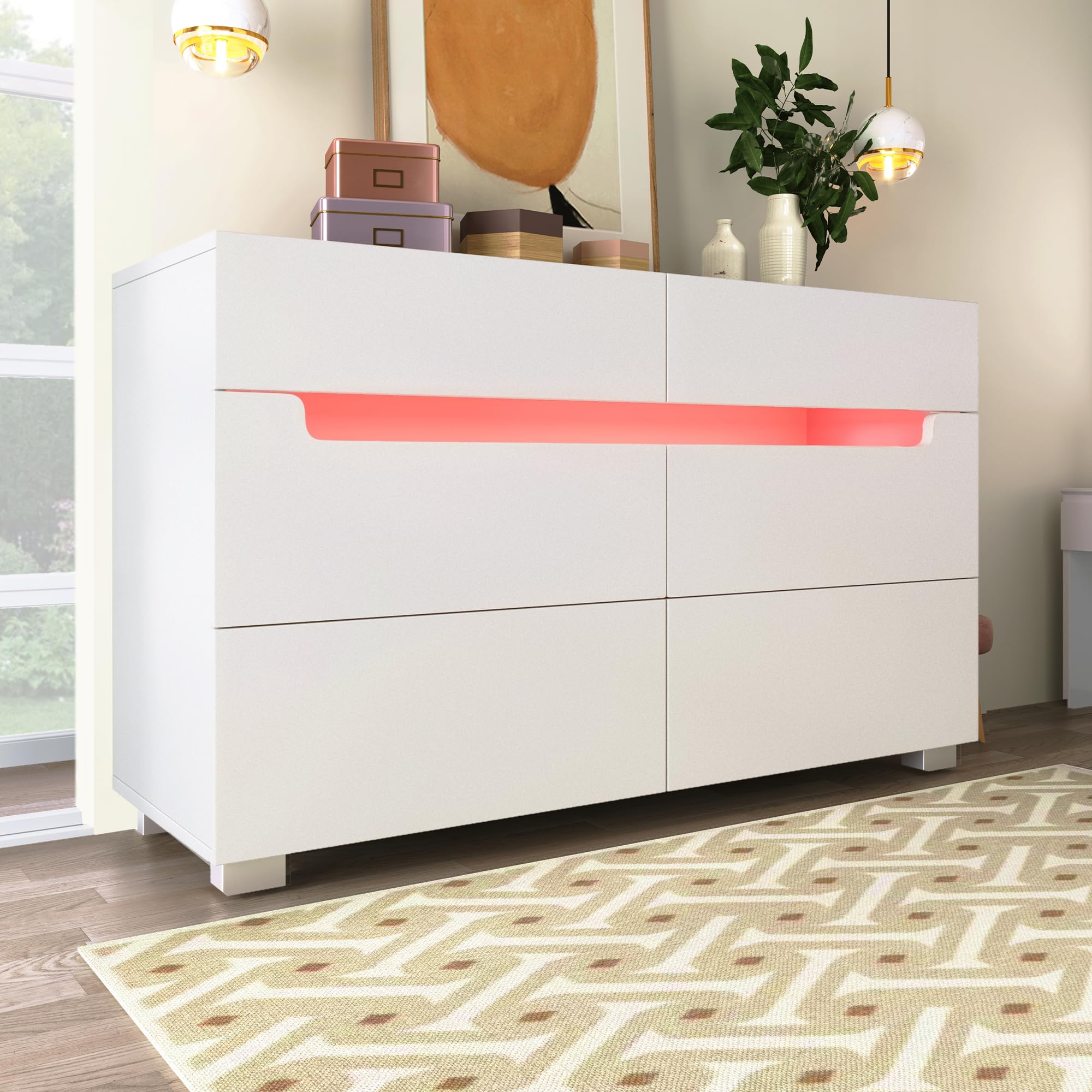 Sideboard LED Cabinet with 6 Drawers for Living Room, Dining Room, Hallway, Kitchen, Storage Display Cabinet with LED Light (App Control), 71x120x40 cm, White