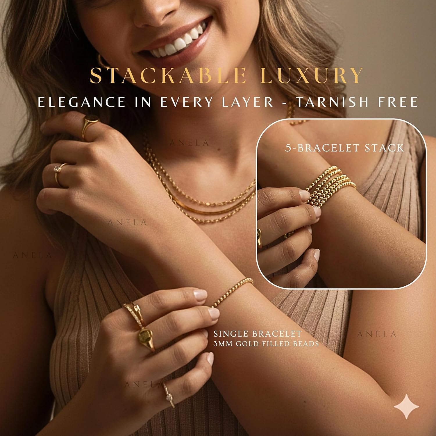 Anela 14k Gold Filled Beaded Bracelet for Women | 3mm Gold Beaded Bracelet | Stackable Gold Stretch Bracelets, Waterproof, Non Tarnish Dainty Gold Bracelet for Women Gifts, Handmade in USA
