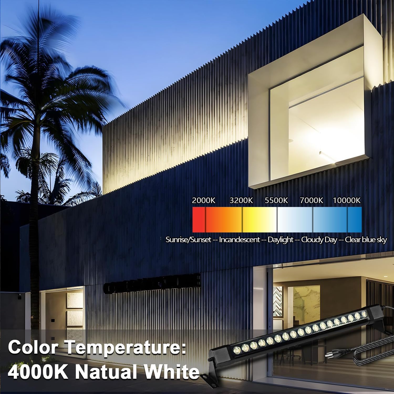 2 pcs Waterproof IP67 Wall Washer Light - 36W Upgraded LED Light Bar, 2ft Natural White (4000K), for Building Walls, Yard, Church, Batting Cage, Plug-in Outdoor Lighting