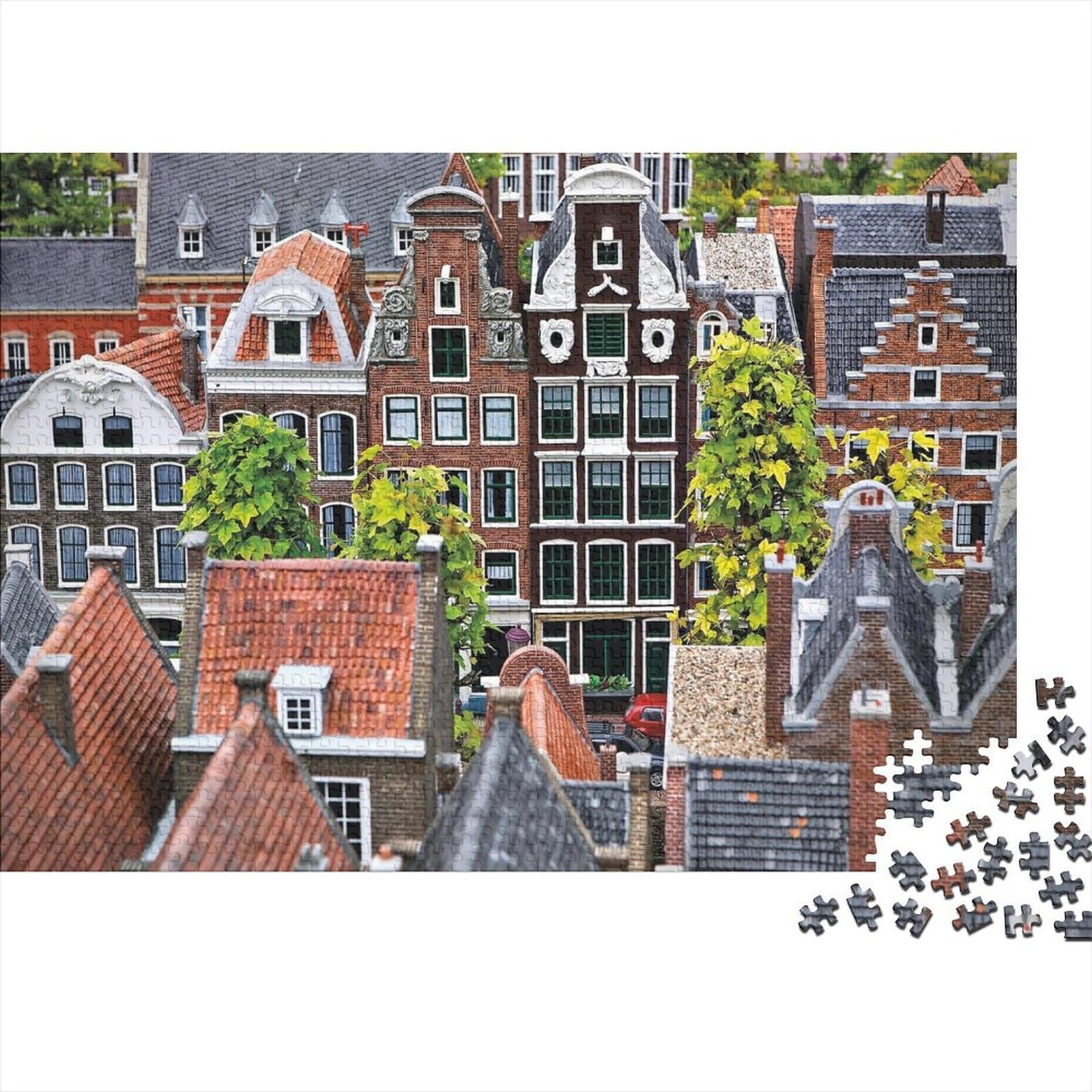 Dutch Houses Jigsaw Puzzles 1000Pc Recycled Material Amsterdam Puzzles for Elderly Puzzle Game Props Interesting Family Game Props for Adults 52x38cm/1000pcs