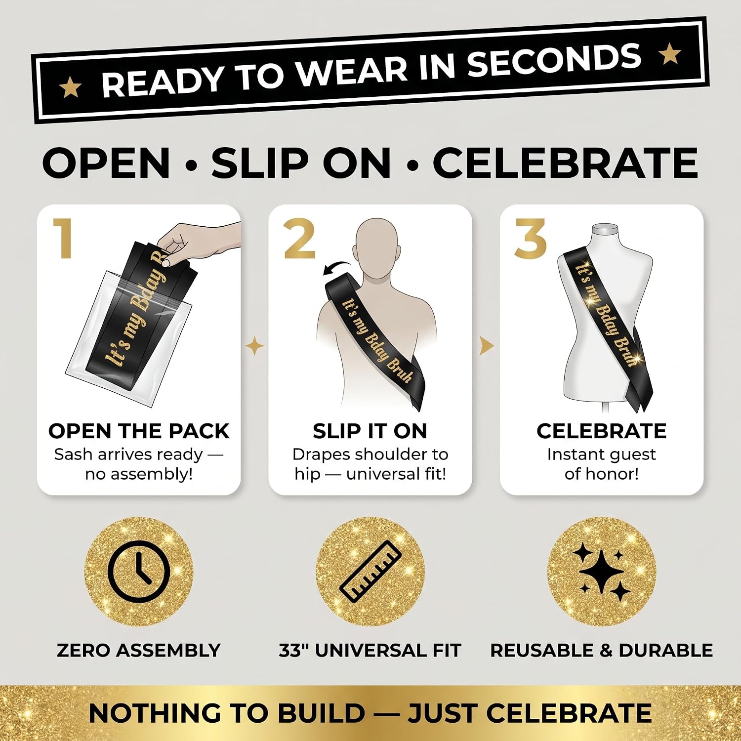 Sterling James Co. It's My Bday Bruh Black & Gold Glitter Sash - Funny Birthday Sash for Him or Her - Party Decorations, Supplies and Gifts