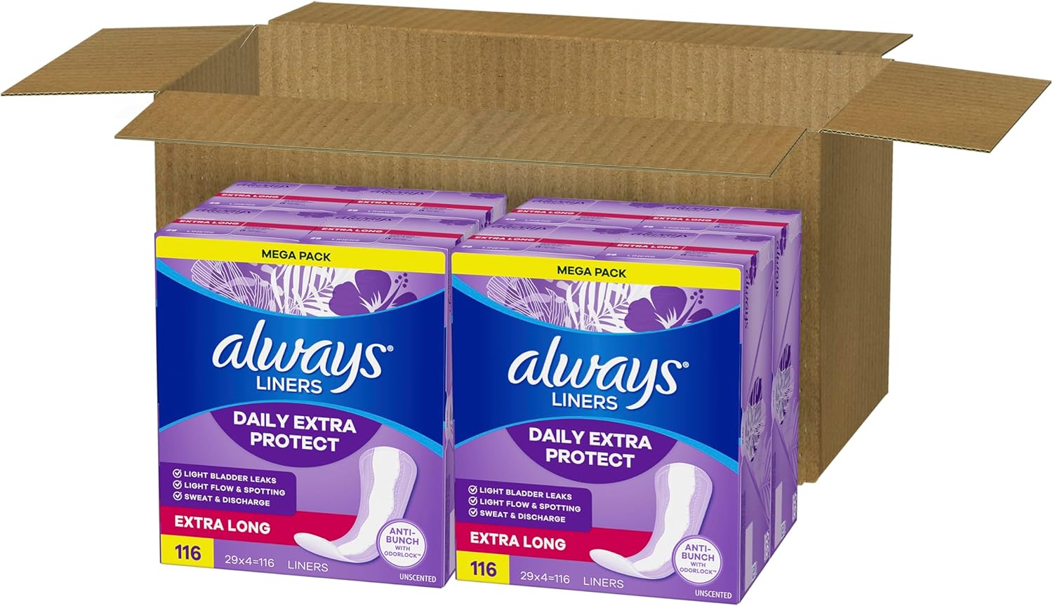 Always Panty Liners for Women Anti-Bunch Xtra Protection Daily Liners, Extra Long, Unscented, 116 Count x 2 (232 Total)