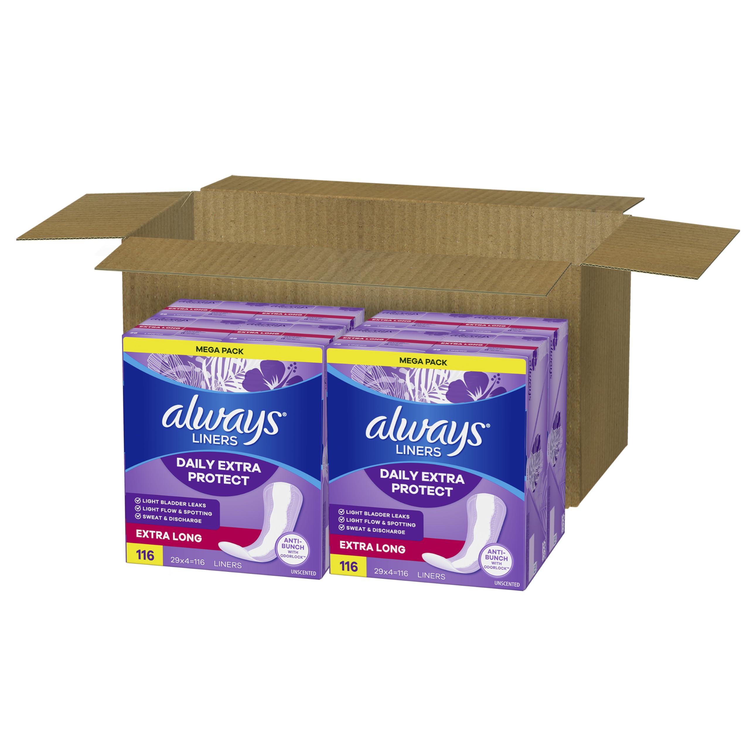 Always Daily Extra Protect Liners, Extra Long Length, Unscented Panty Liners, 232 Count (2 Packs of 116)