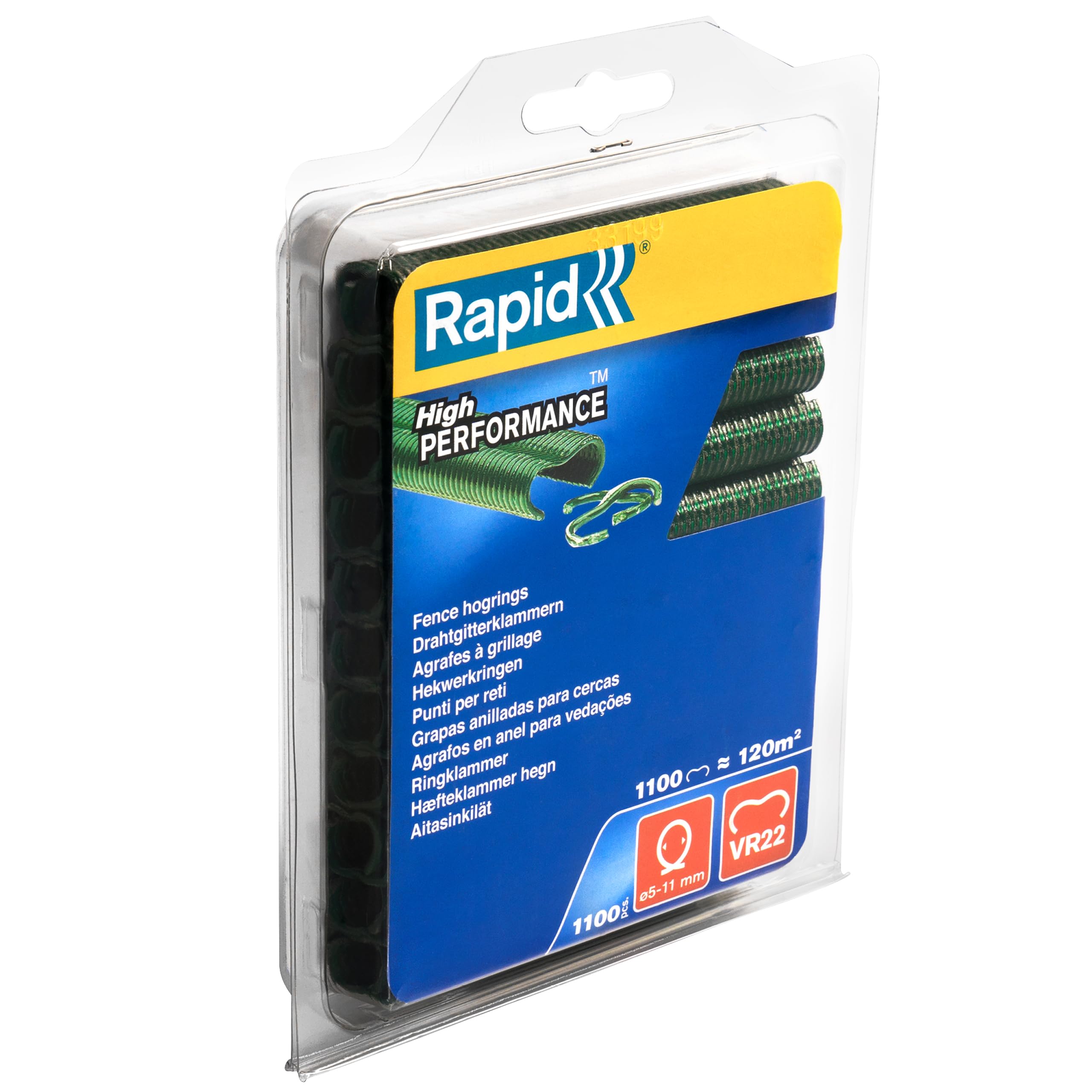 Rapid VR22 - Agrafes à Grillage en Acier Galvanisé, Plastifié Vert, Compatible avec les Grillages 5-11 mm, Idéal pour Sécuriser Cages & Clôtures, 1000 Pièces, Emballage sous Blister (40108807)