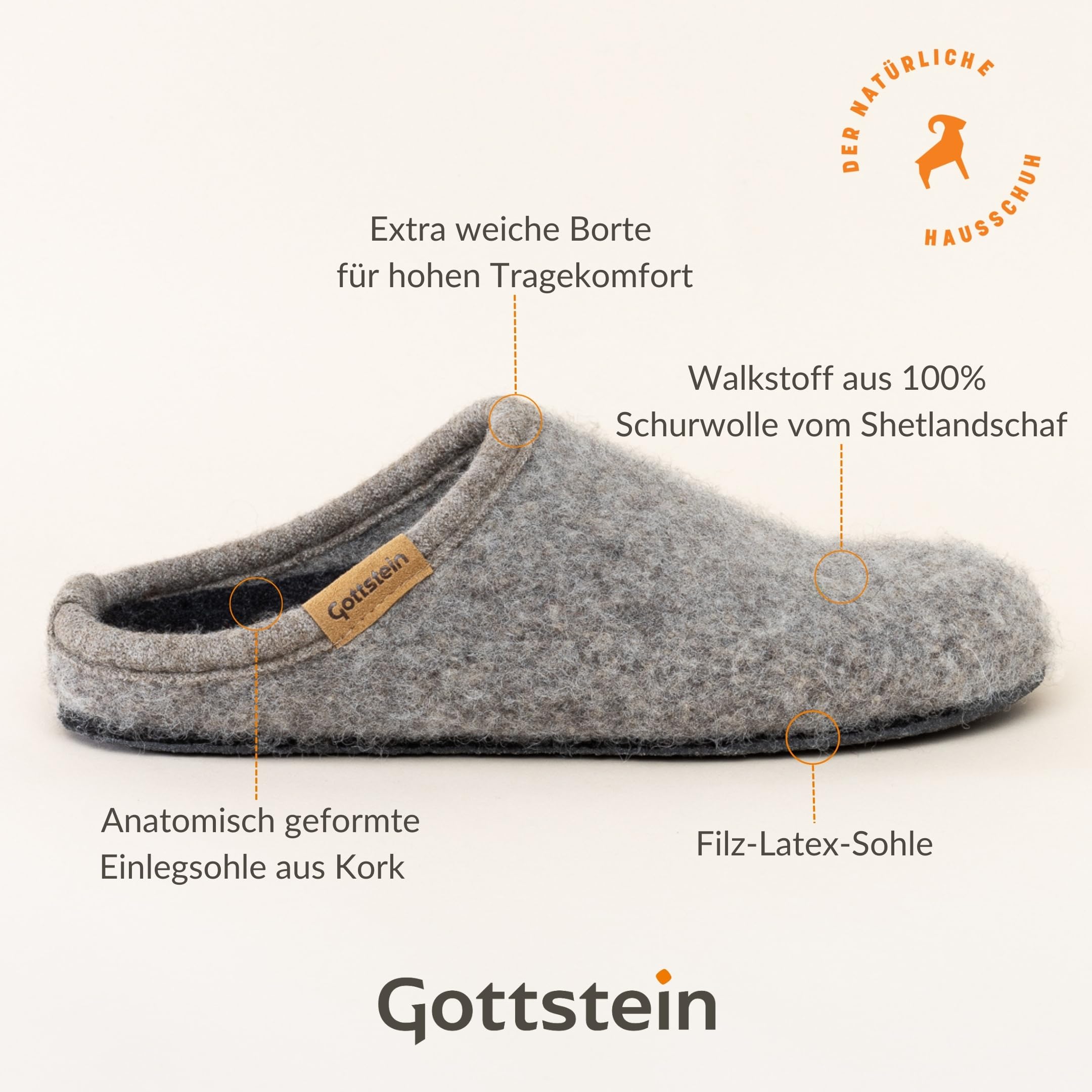 Gottstein Filz-Hausschuh ALP-COMFORT NATUR - Damen & Herren Pantoffel aus seltenen Wollen