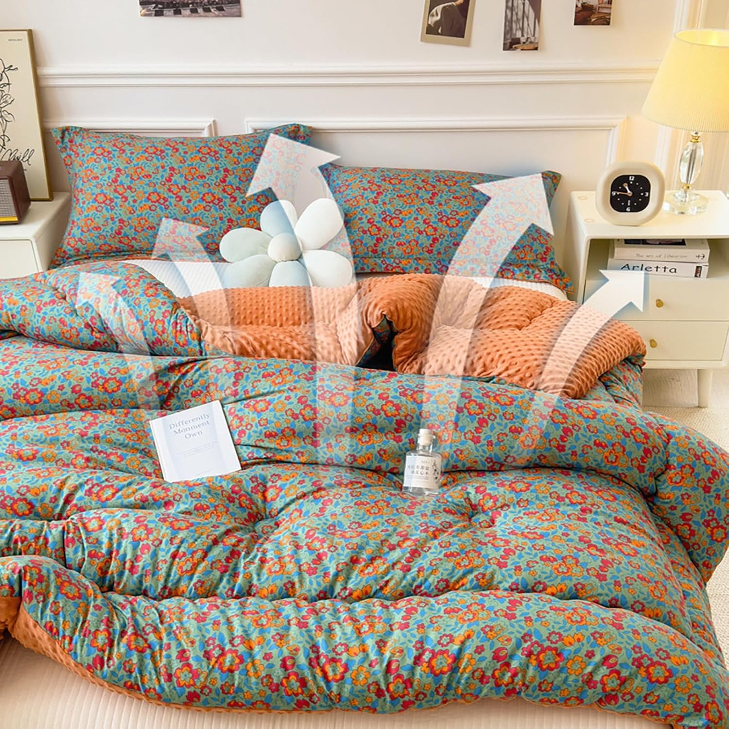 150 * 200cm Queen Comforter, Comforter Set Queen Size, 100% Cotton Shell Quilt Reversible Bed Comforter Queen Bed Set for All Seasons with Corner Buckles,Color 4,150x200cm 2kg