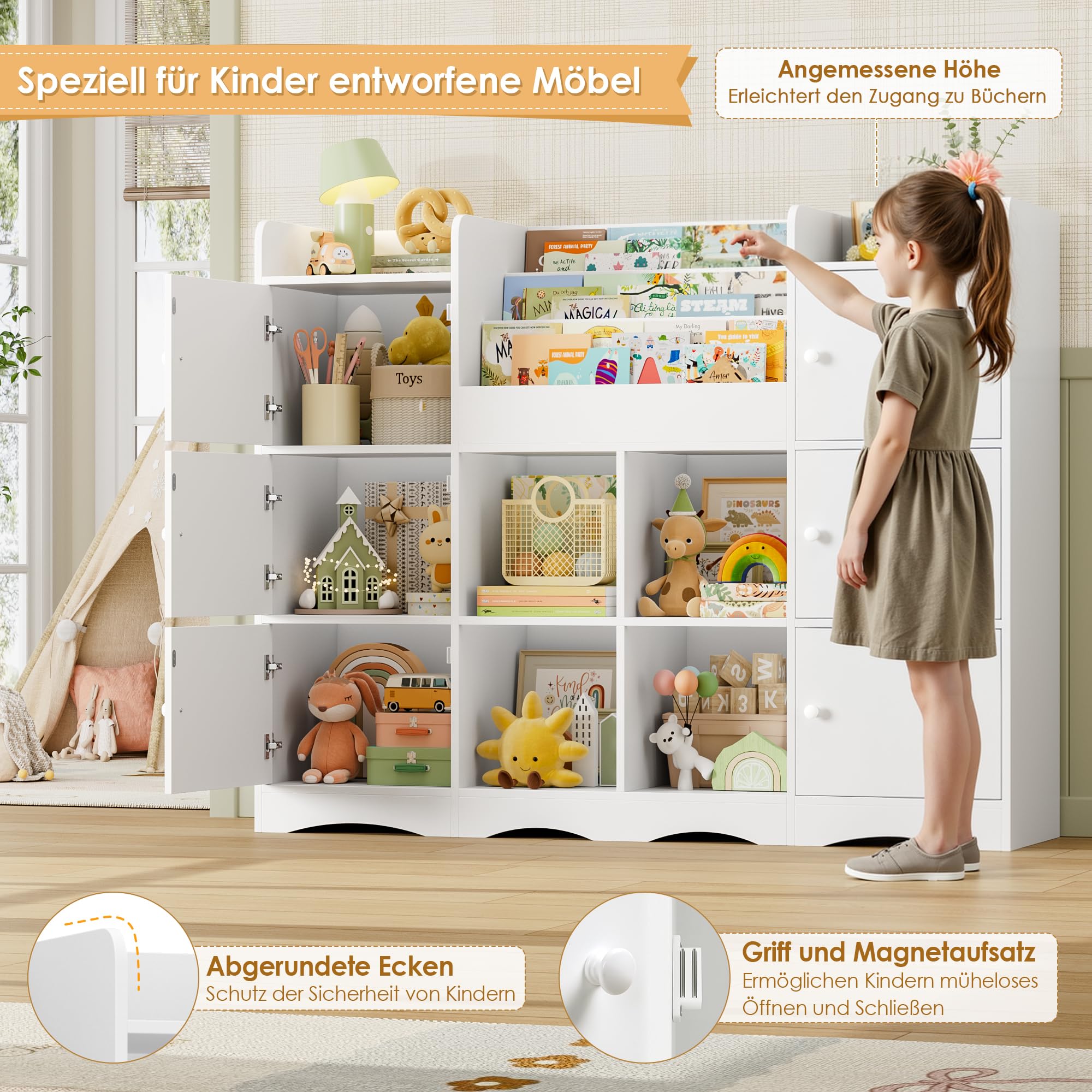 FOREHILL Kinderregal mit 12 Fächer, Bücherregal Kinder, Spielzeug Aufbewahrung, Kinderzimmer Möbel mit 6 Türen, Spielzeugregal mit Montessori Regal 140x30x106 cm Weiß