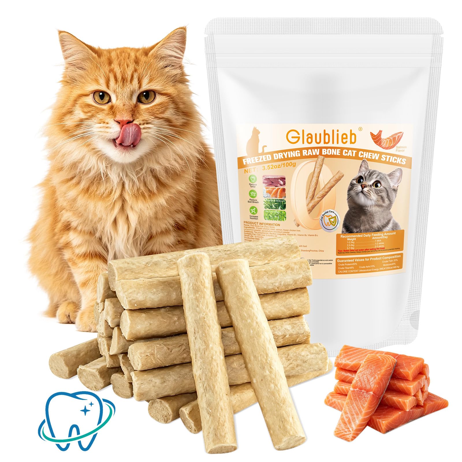 100g Freezed Dried Cat Chew Sticks Salmon Flavor, Cat Dental Treats for Freshens Breath and Controls Tartar, Feline Teething Sticks — image 1