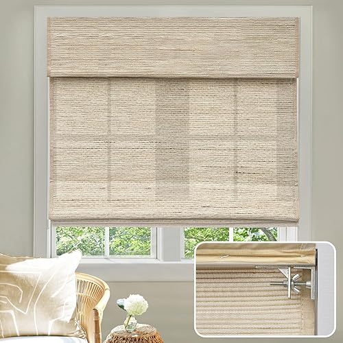 Awlmond - Persianas romanas inalámbricas sin herramientas, sin taladro, para ventana, lino puro, tejido de hierba de cáñamo natural, persianas