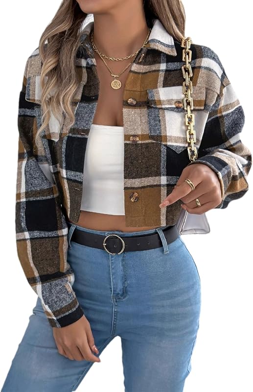 campera de franela corta a cuadros con botones para mujer, campera de manga larga
