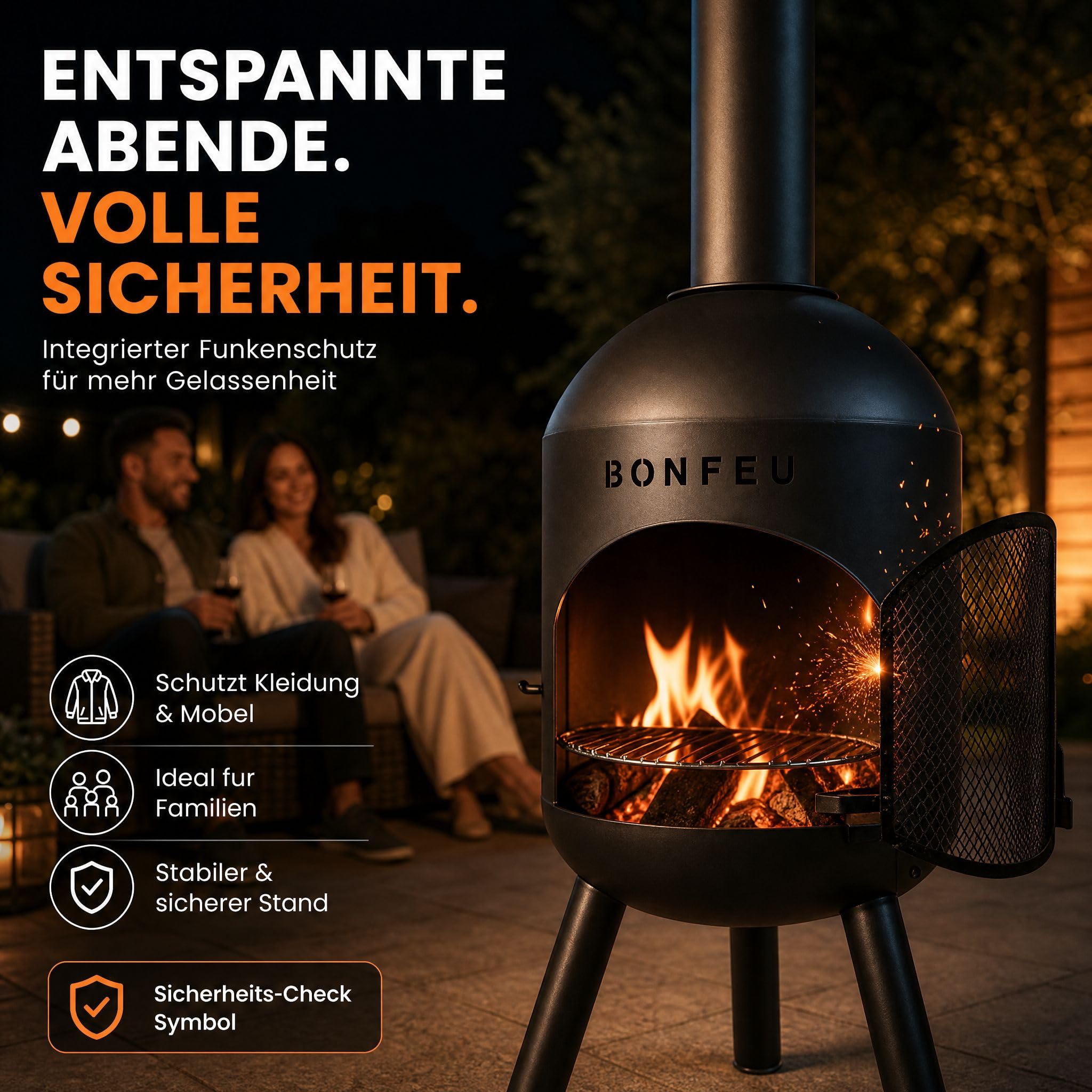 BonFeu BonSolo Terrassenofen Schwarz – Hochwertiger Gartenkamin mit BBQ-Grillfunktion, Ø 34 cm, H 124 cm – Robuster Outdoor-Kamin aus Stahl inkl. Grillrost und Schürhaken für Garten & Terrasse