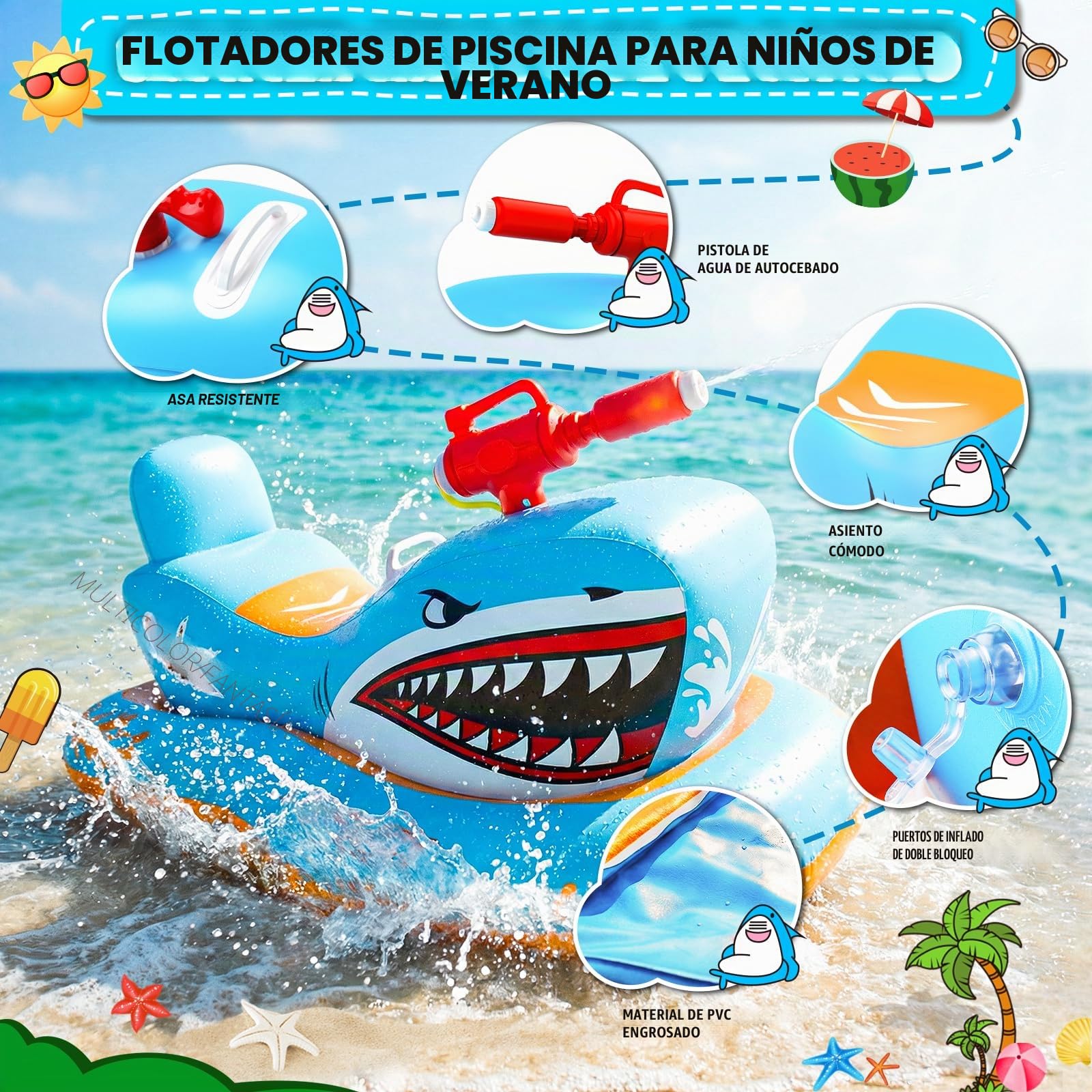 WINGYZ - Flotadores de piscina para niños con pistola de agua, 2026 nuevos juguetes inflables de balsa para piscina, barco con forma de tiburón, flotadores de piscina para montar para niños de 3 a 12
