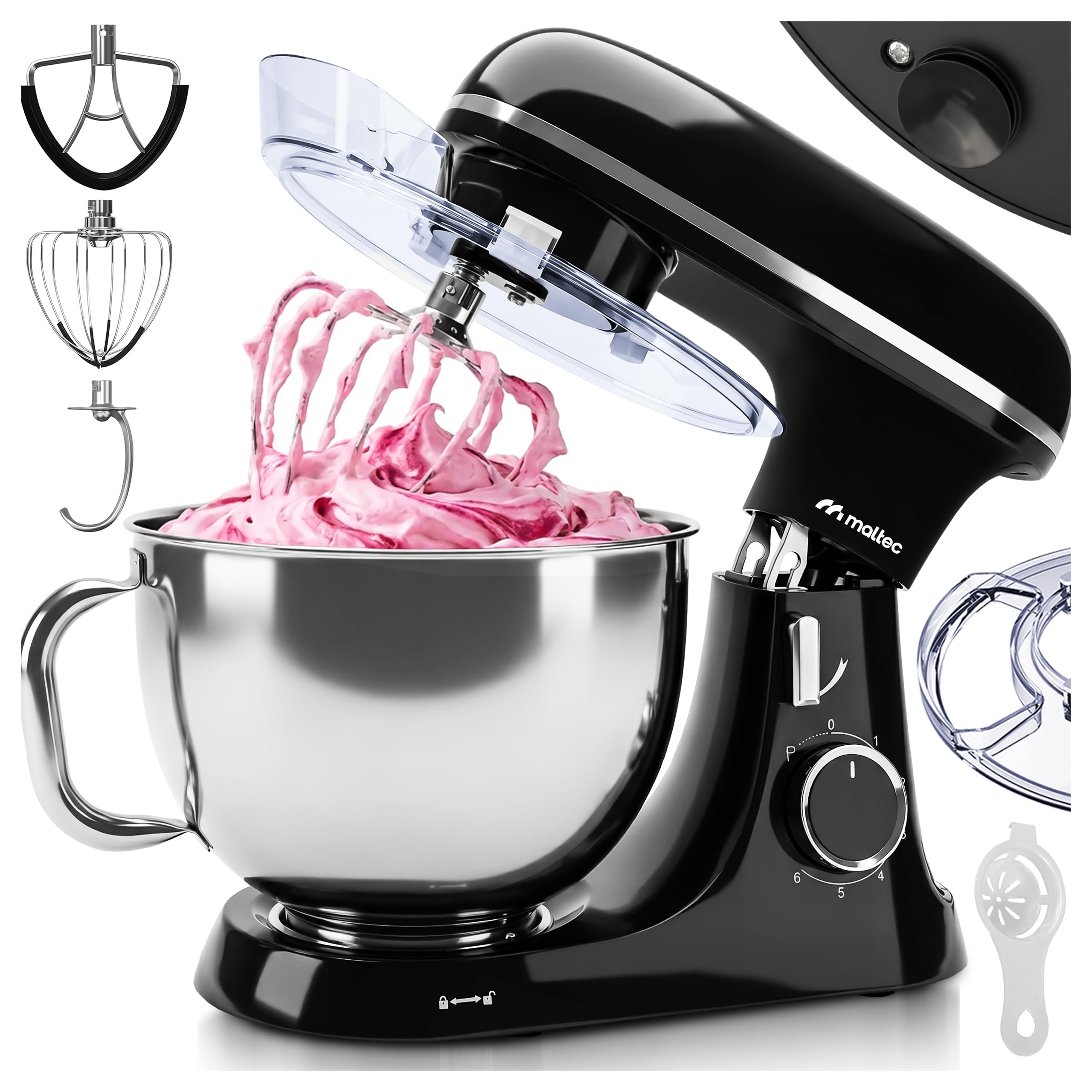 MalTec Küchenmaschine 2000W mit 7L Edelstahlschüssel und planetarischem Rührwerk, mit Knethaken Schneebesen Flachrührer Eiertrenner Pulsfunktion LED-Drehregler Spritzschutz, für Backen und Kochen
