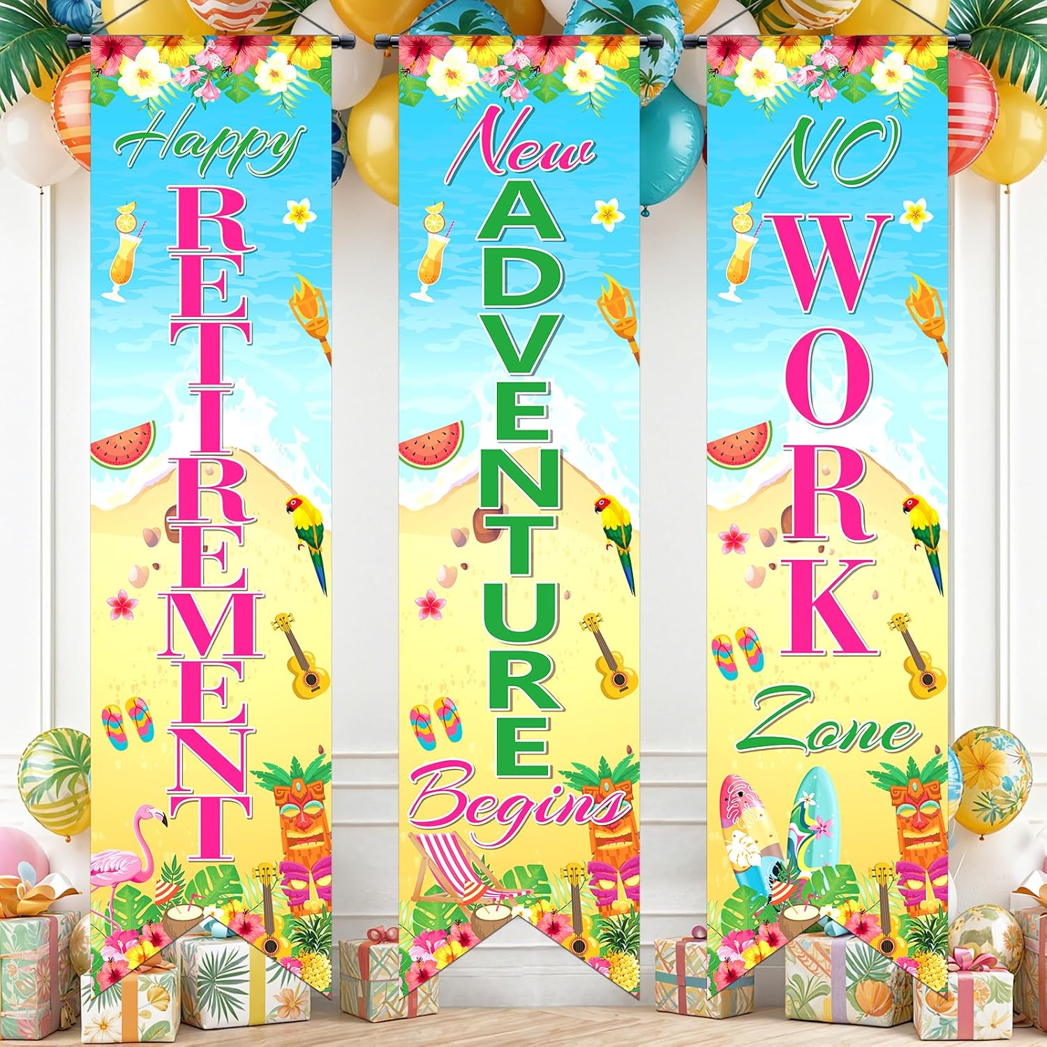 3Pcs Retirement Porch Sign Door Hanging Banner Luau Tropical Happy Retirement Banner New Adventure Begins No Work Zone Door Sign Background for Farewell Goodbye Retirement Party Decoration Supplies