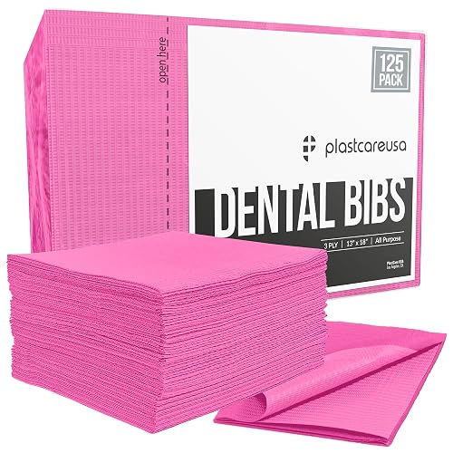 Disposable Dental Bibs 13"x18" 125 Count (Pack of 1) - 3 Ply Waterproof Tattoo Bib Sheet for Patients - Dentist or Medical Tray Cover and Nail Table Cover Supplies, Fuchsia Hot Pink