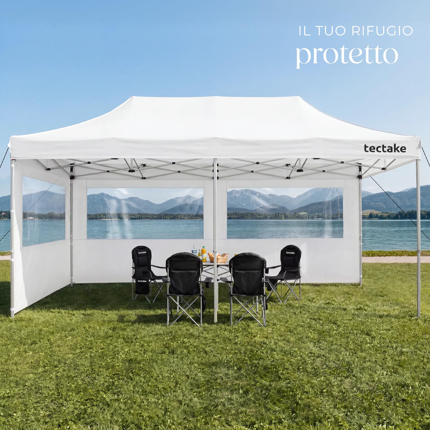 tectake® Gazebo esterno resistente 3X6 cm, Gazebo 3X6 Pieghevole, Telo Impermeabile Protezione UV, Chiusura Scorrevole, Regolabile in 4 Posizioni, 4 Corde e 10 Picchetti, Borsa da trasporto - Bianco